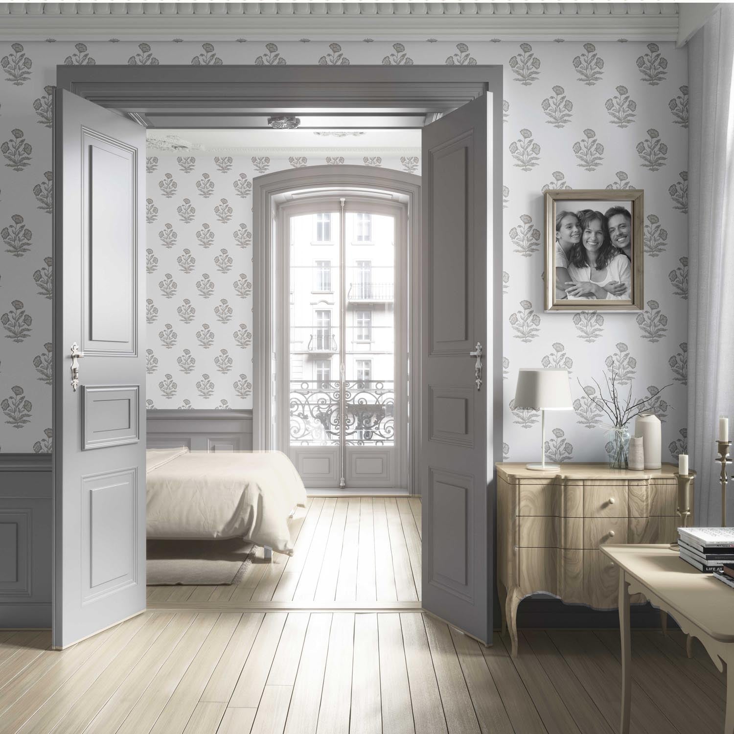 Neutral Floral Block Print Living Room Wallpaper Sample (Gray/ White)