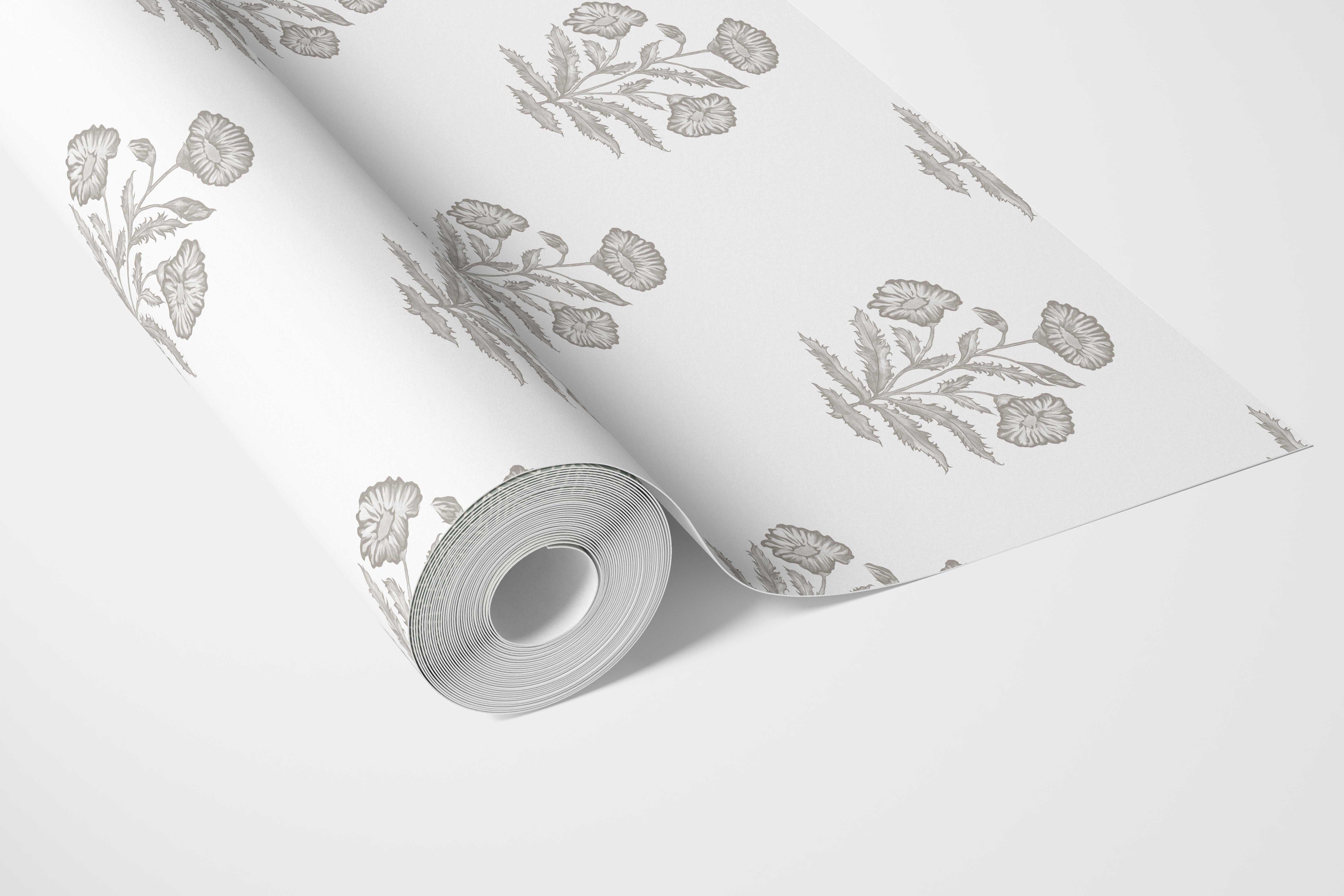 Neutral Floral Block Print Bathroom Wallpaper Sample (Gray/ White)