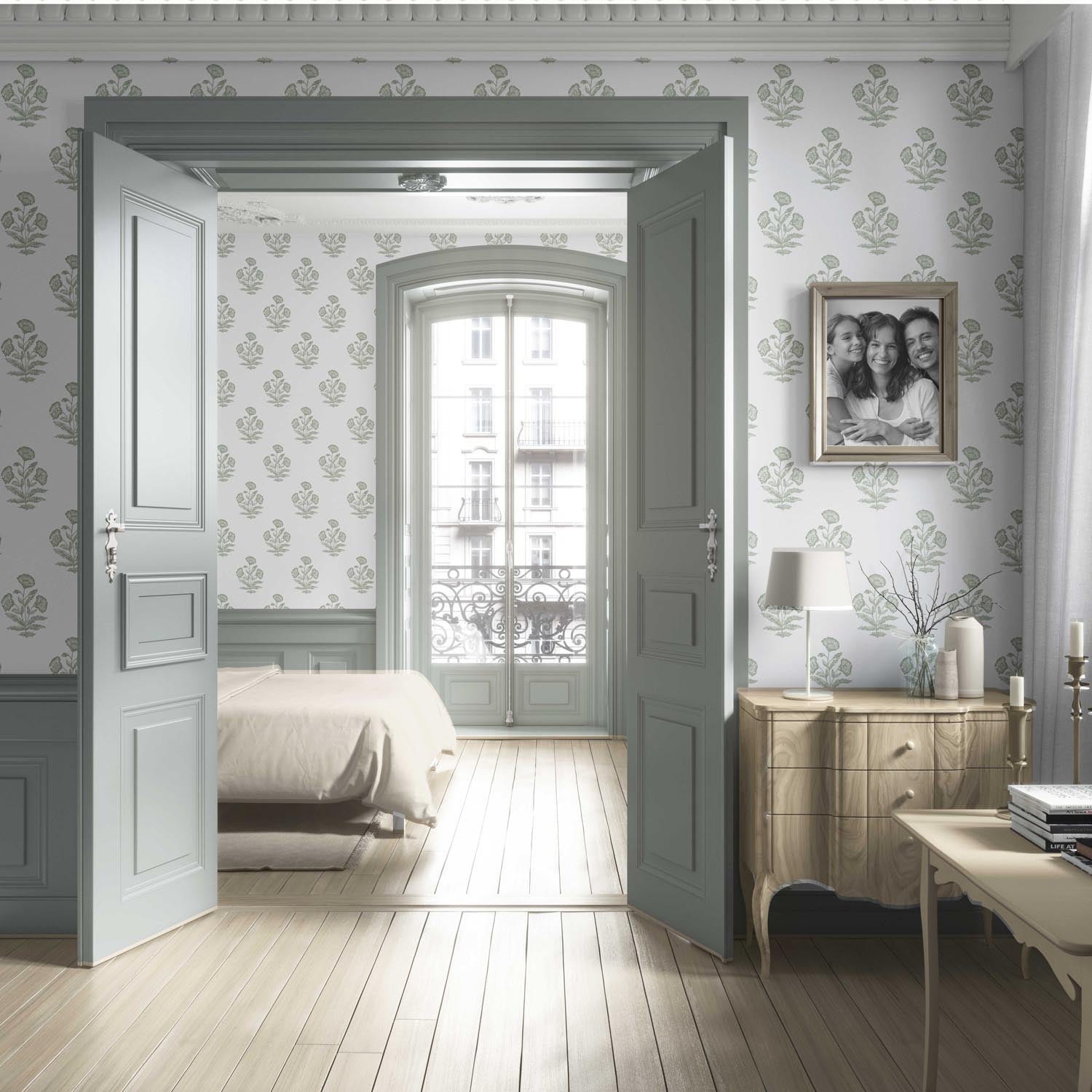 Floral Block Print Living Room Wallpaper (Green/ White)