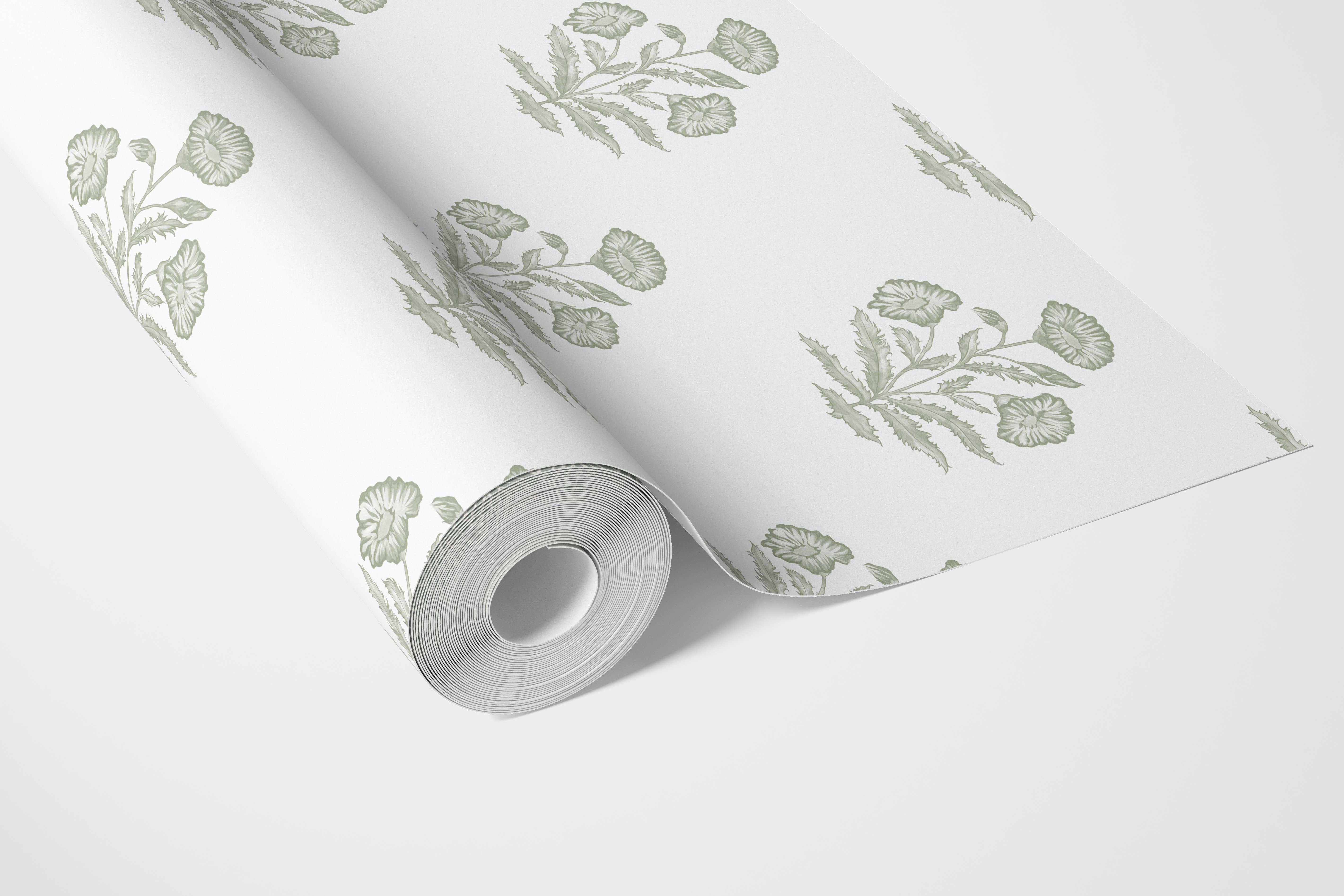 Floral Block Print Bathroom Wallpaper (Green/ White)