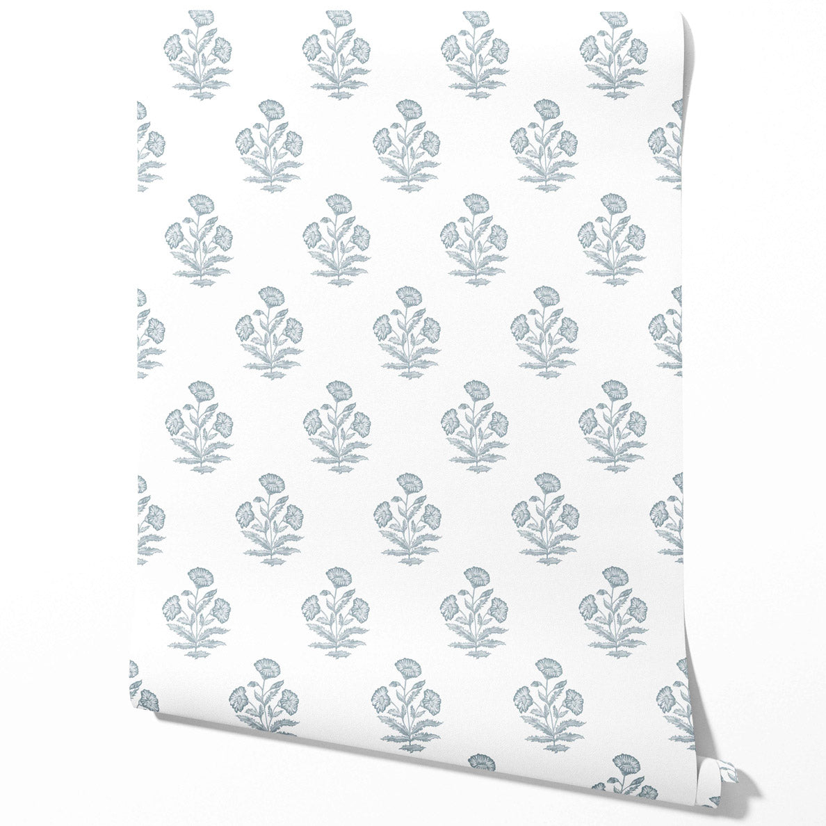 Floral Block Print Traditional Wallpaper Sample (Sage Blue/ White)