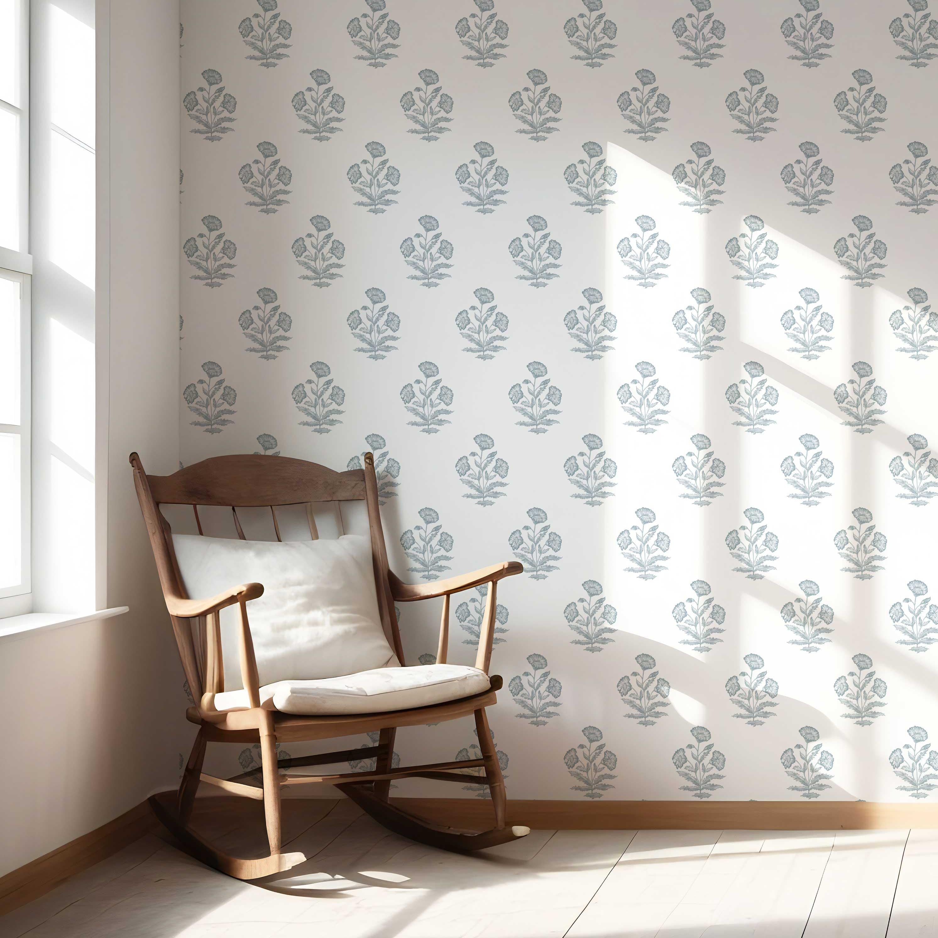 Floral Block Print Nursery Wallpaper Sample (Sage Blue/ White)