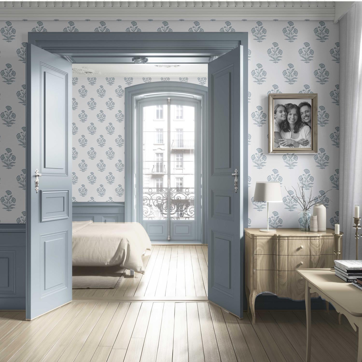 Floral Block Print Living Room Wallpaper (Sage Blue/ White)
