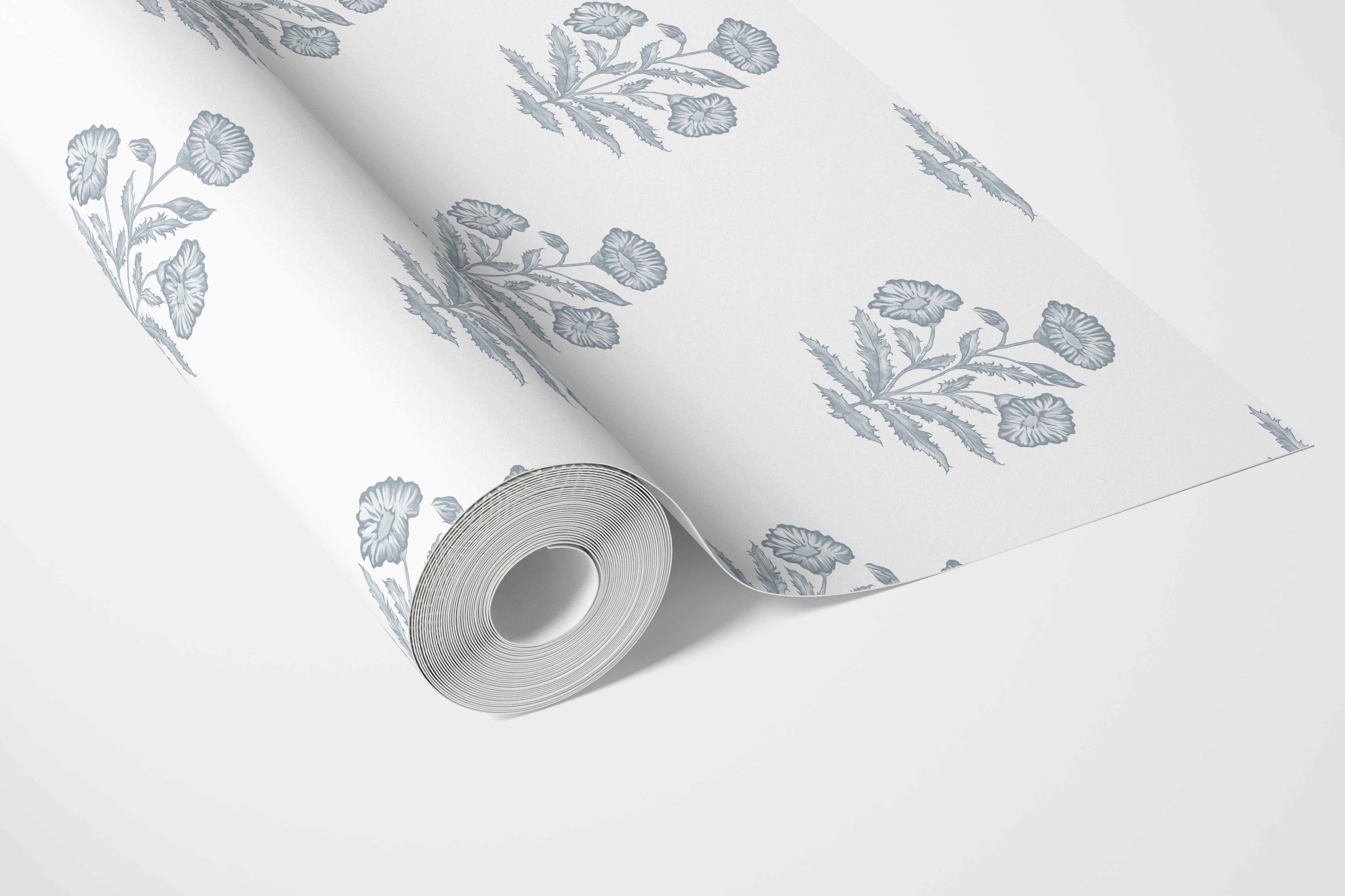 Floral Block Print Bathroom Wallpaper Sample (Sage Blue/ White)