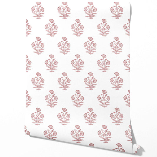 Floral Block Print Traditional Wallpaper Sample (Soft Pink/ White)