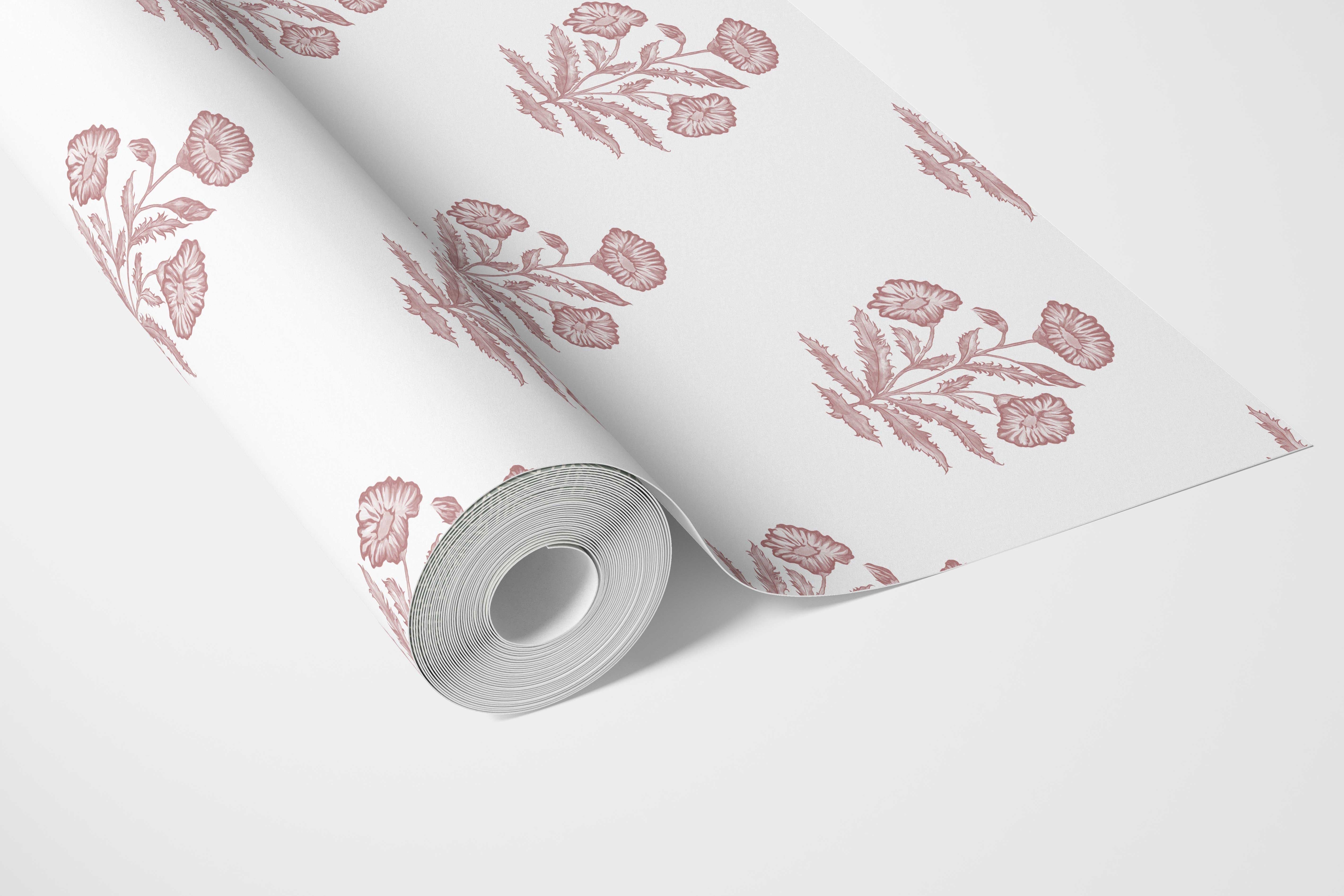 Floral Block Print Bathroom Wallpaper Sample (Soft Pink/ White)
