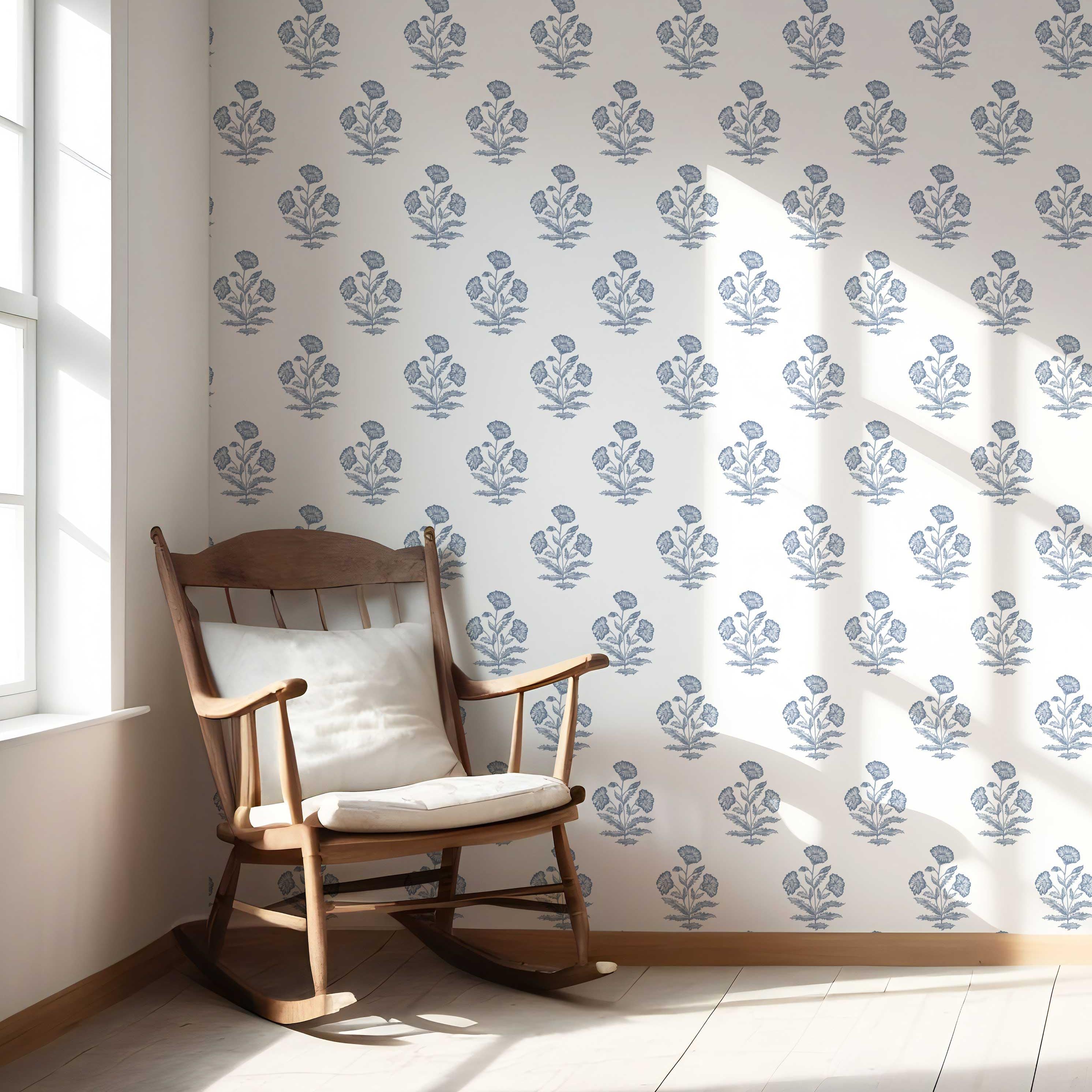 Floral Block Print Nursery Wallpaper (Slate Blue/ White)