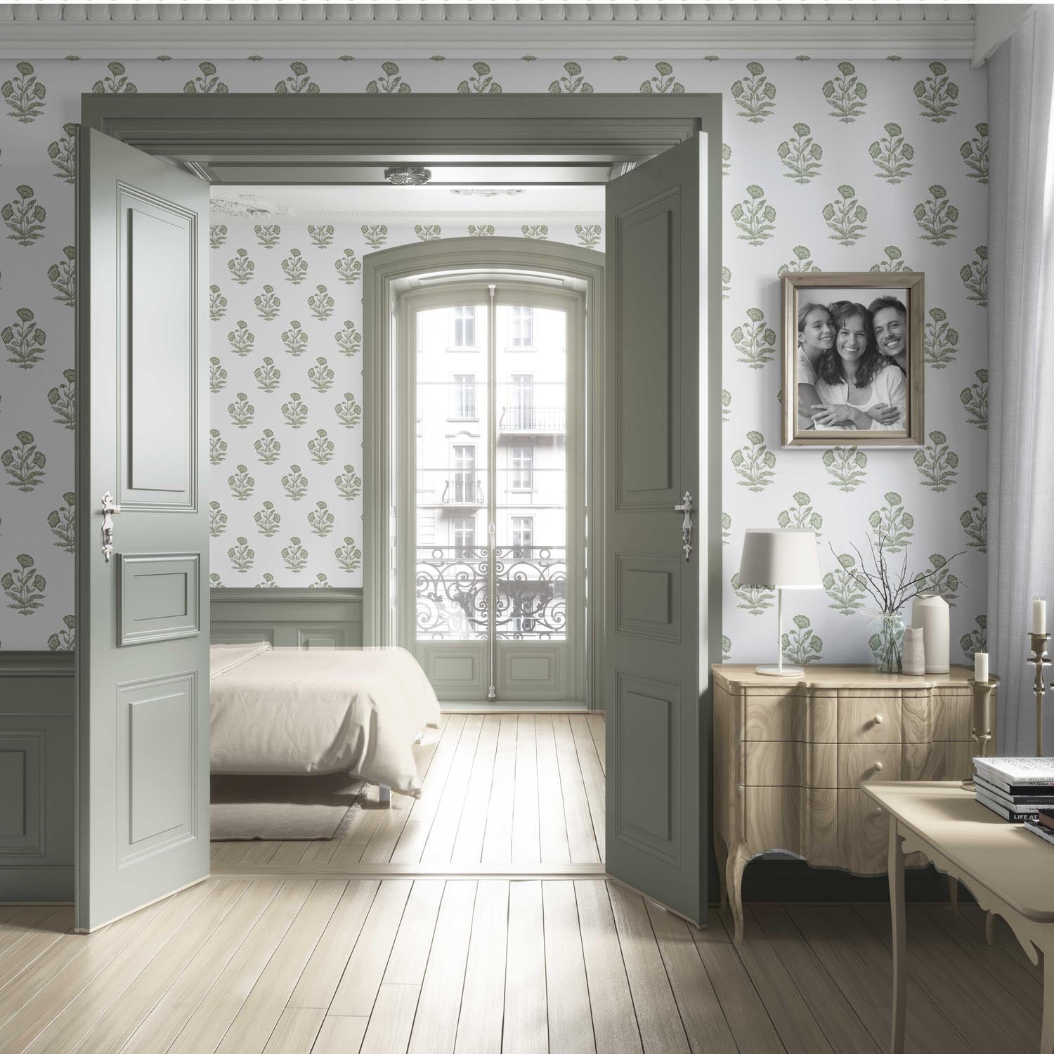 Floral Block Print Living Room Wallpaper (Olive Green/ White)
