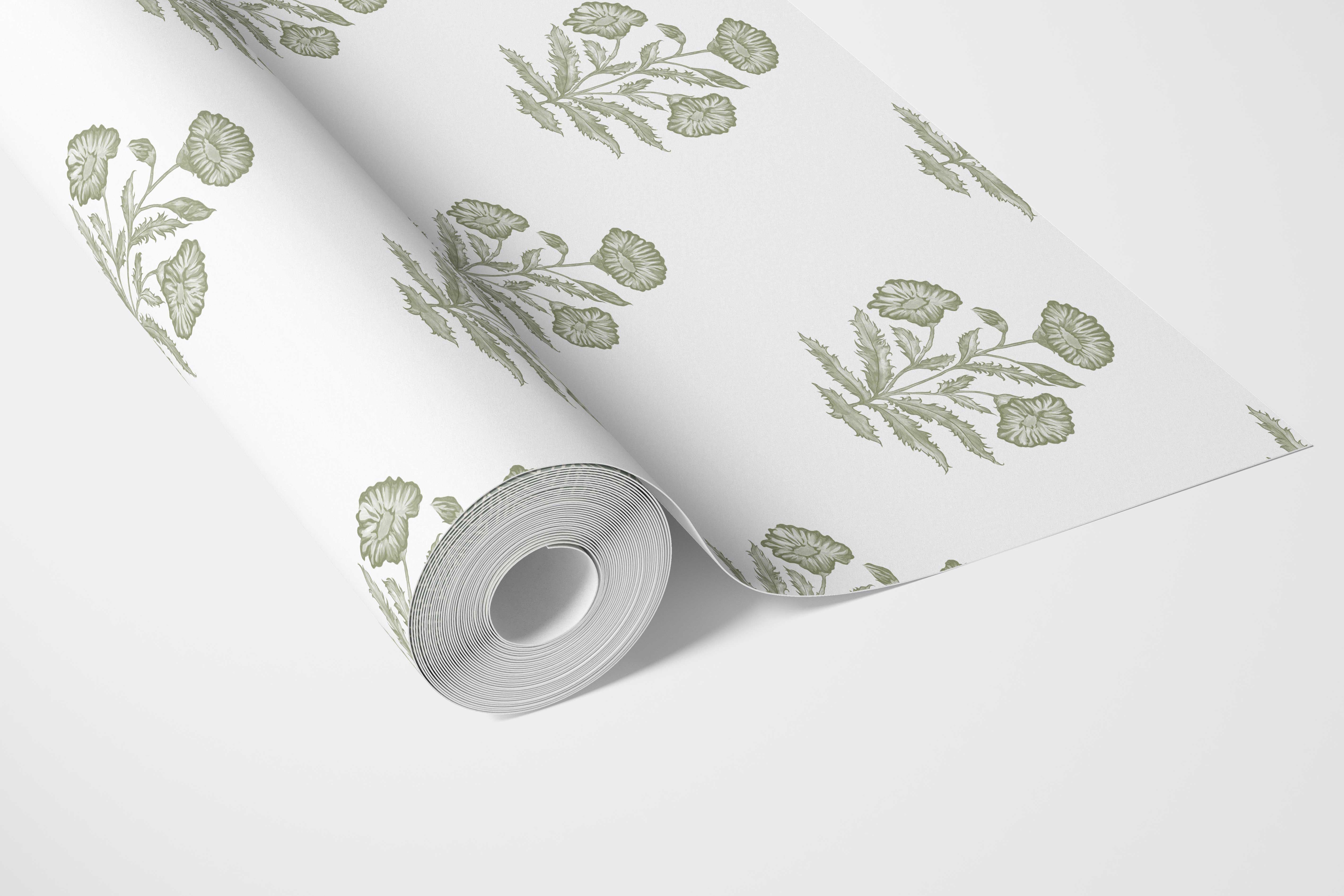 Floral Block Print Bathroom Wallpaper (Olive Green/ White)