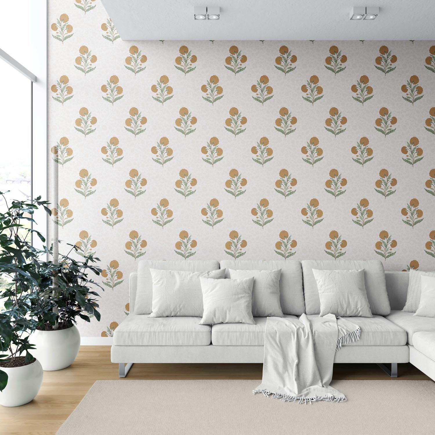 Floral Block Print Shower Toilet Wallpaper Sample (Ochre Yellow/ Green)