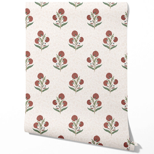 Floral Block Print Traditional Wallpaper (Red/ Green/ Soft Taupe)