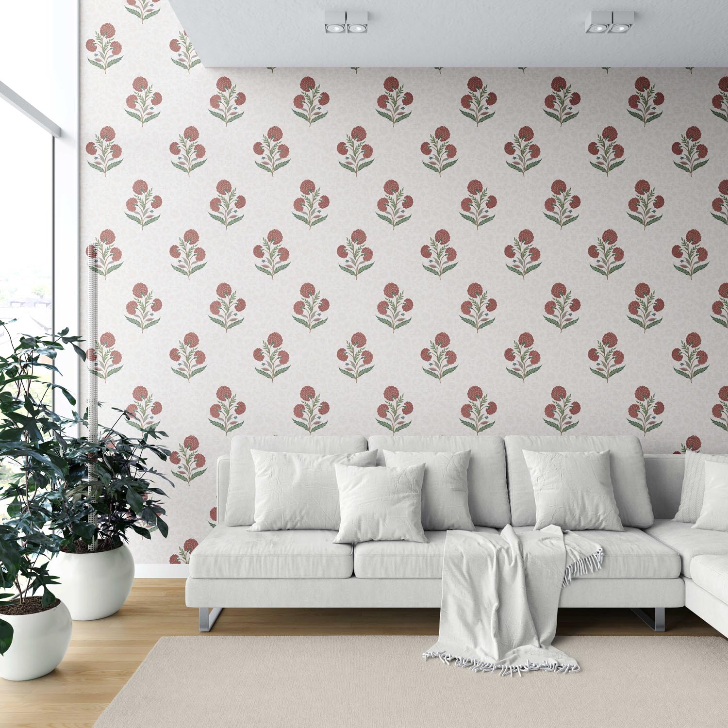 Floral Block Print Shower Toilet Wallpaper Sample (Red/ Green/ Soft Taupe)