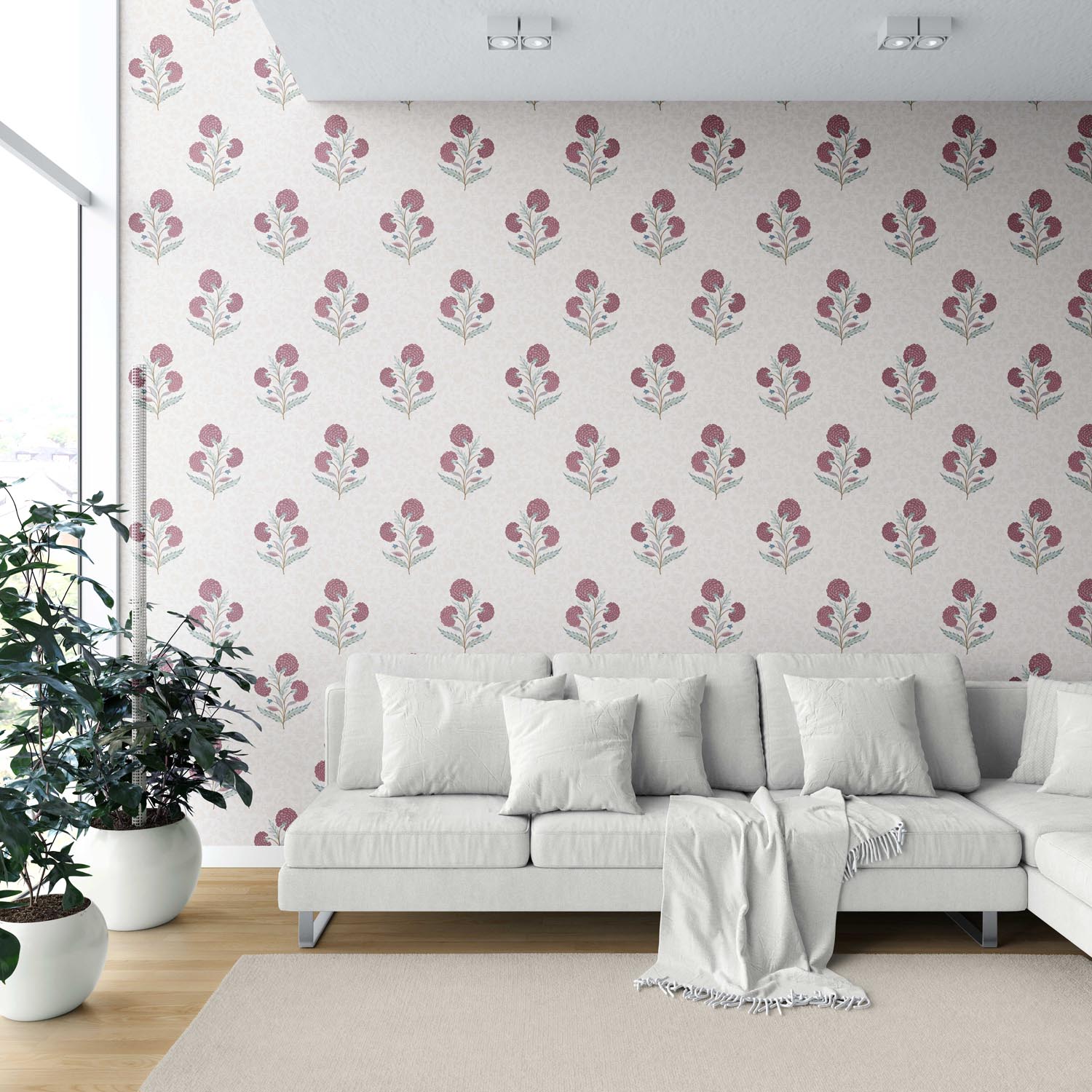 Floral Block Print Shower Toilet Wallpaper (Deep Pink/ Green/ Soft Taupe)