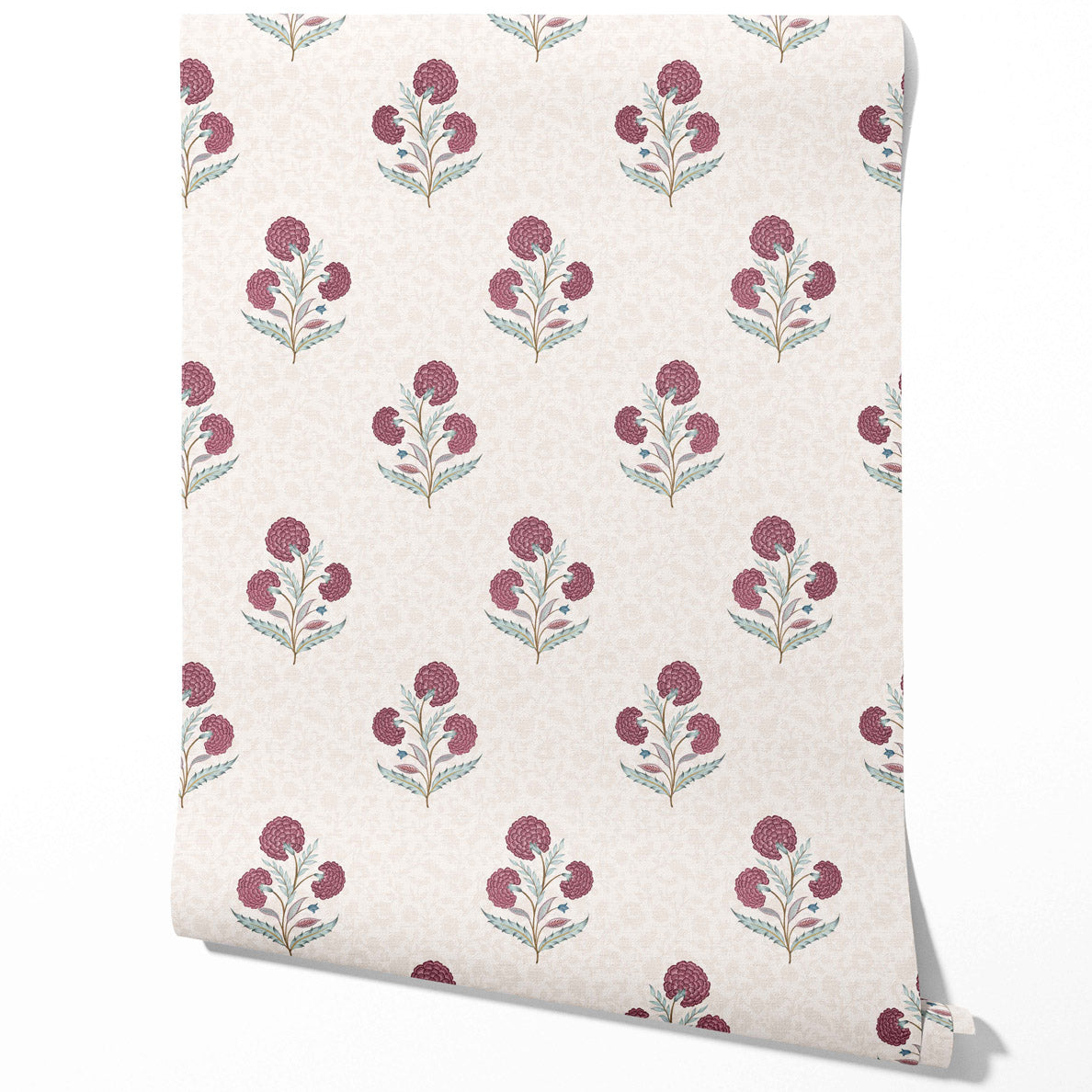 Floral Block Print Traditional Wallpaper Sample (Deep Pink/ Green/ Soft Taupe)