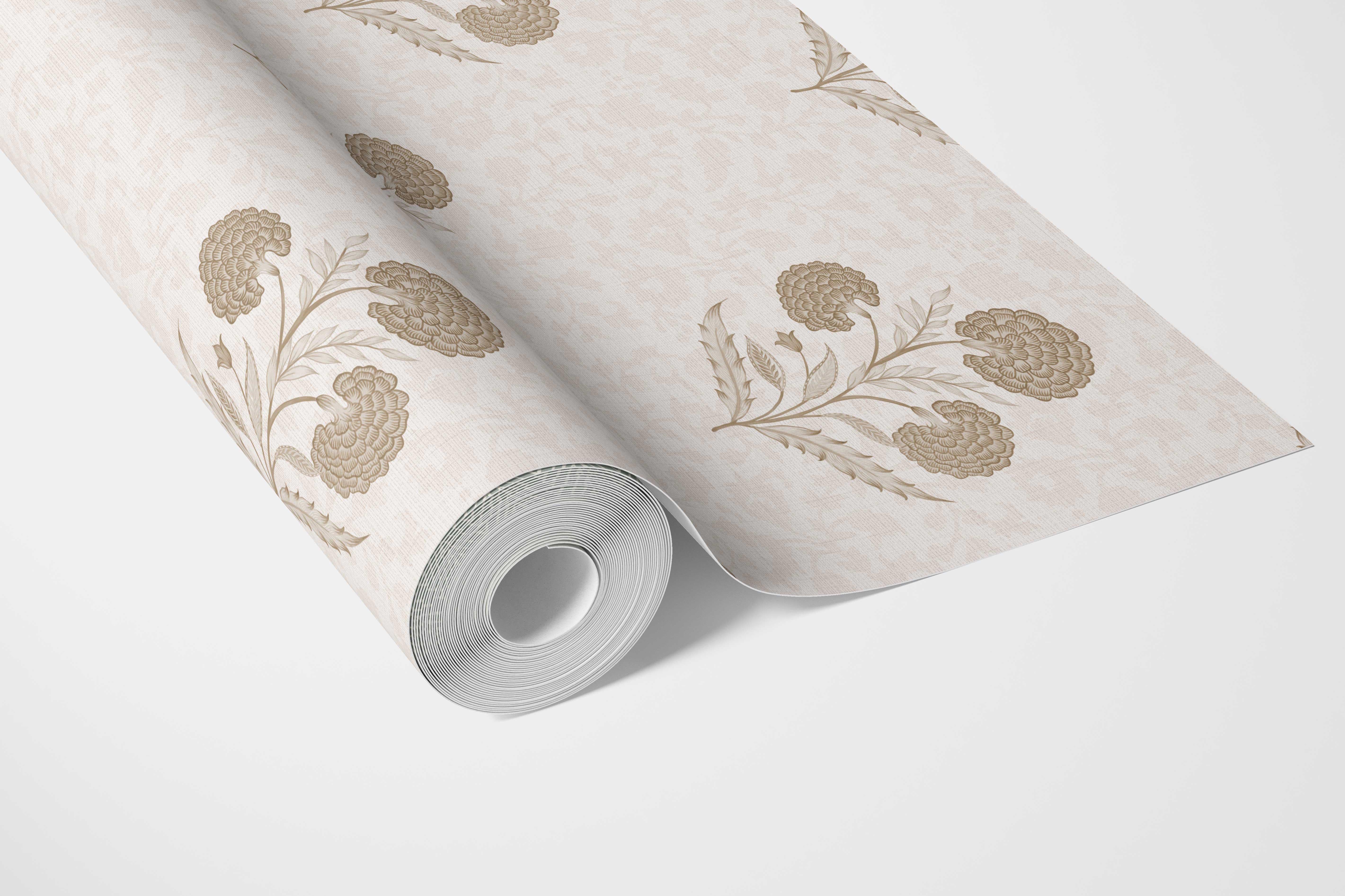 Neutral Floral Block Print Bathroom Wallpaper (Beige/ Brown/ Soft Taupe)