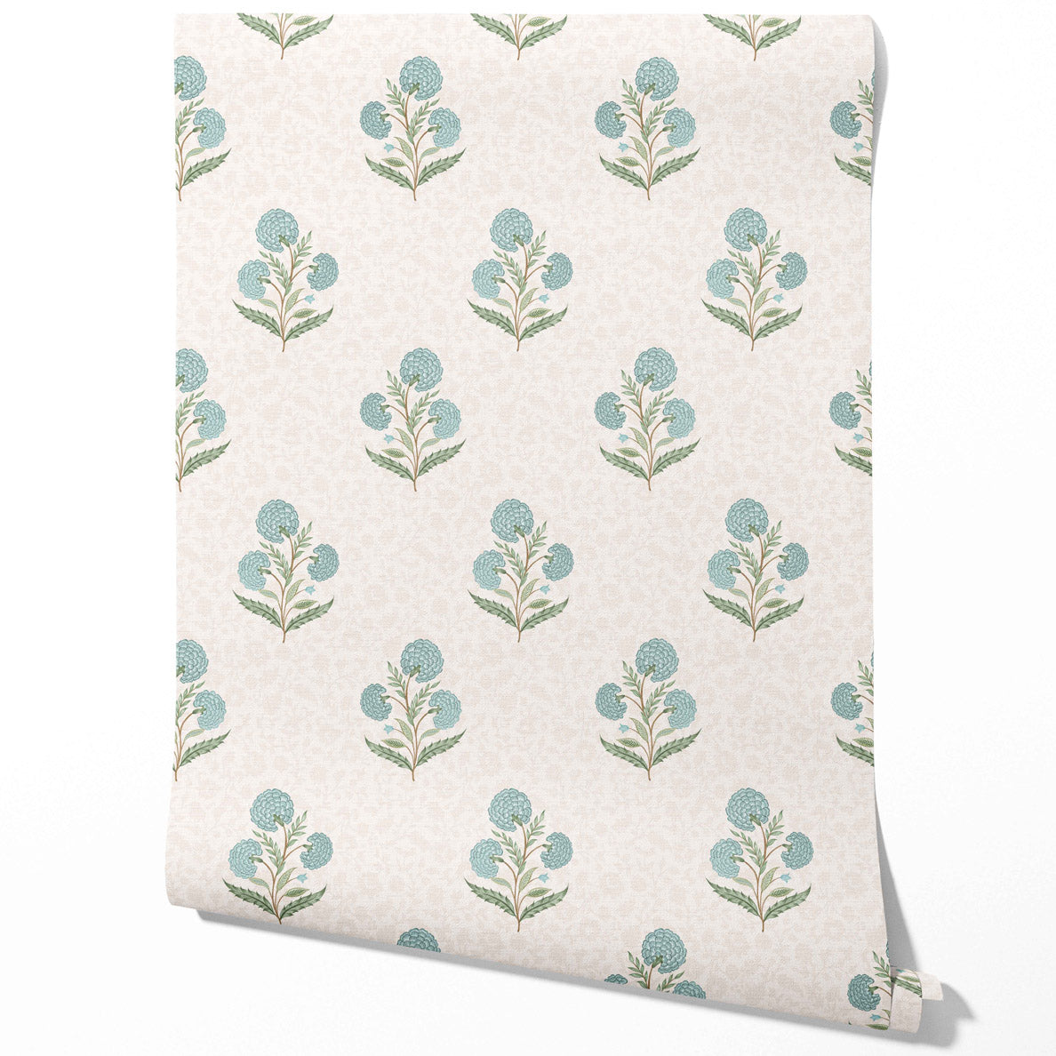Floral Block Print Traditional Wallpaper (Duck Egg Blue/ Green/ Soft Taupe)