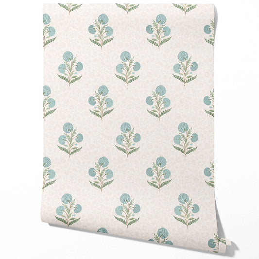 Floral Block Print Traditional Wallpaper Sample (Duck Egg Blue/ Green/ Soft Taupe)