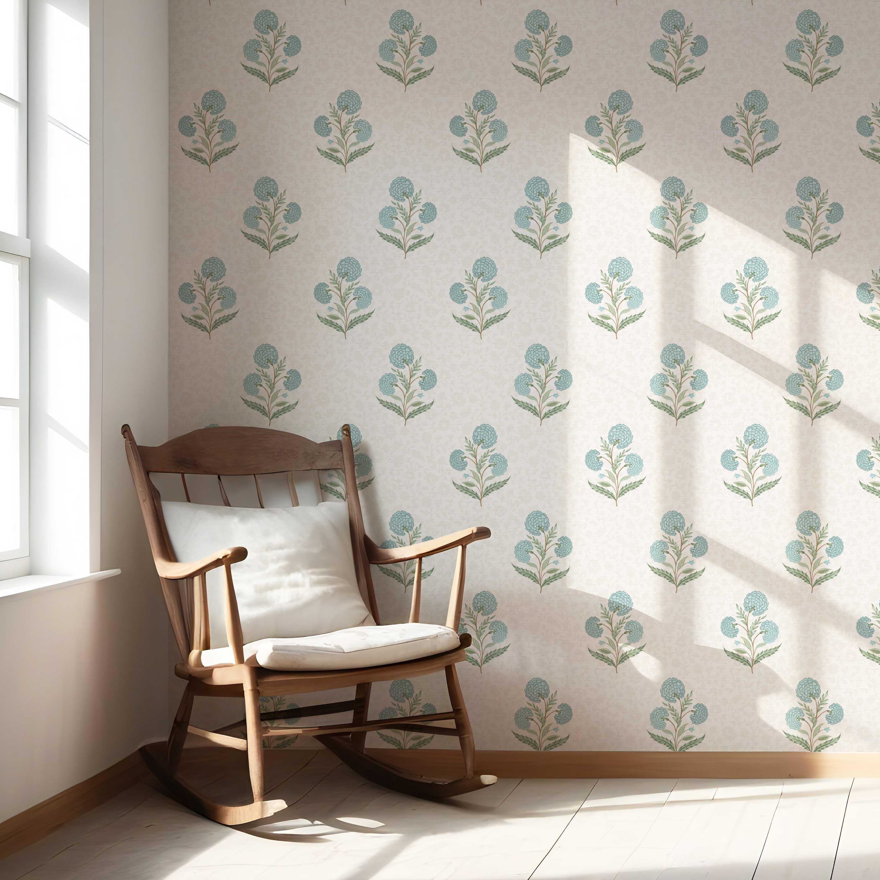 Floral Block Print Nursery Wallpaper Sample (Duck Egg Blue/ Green/ Soft Taupe)