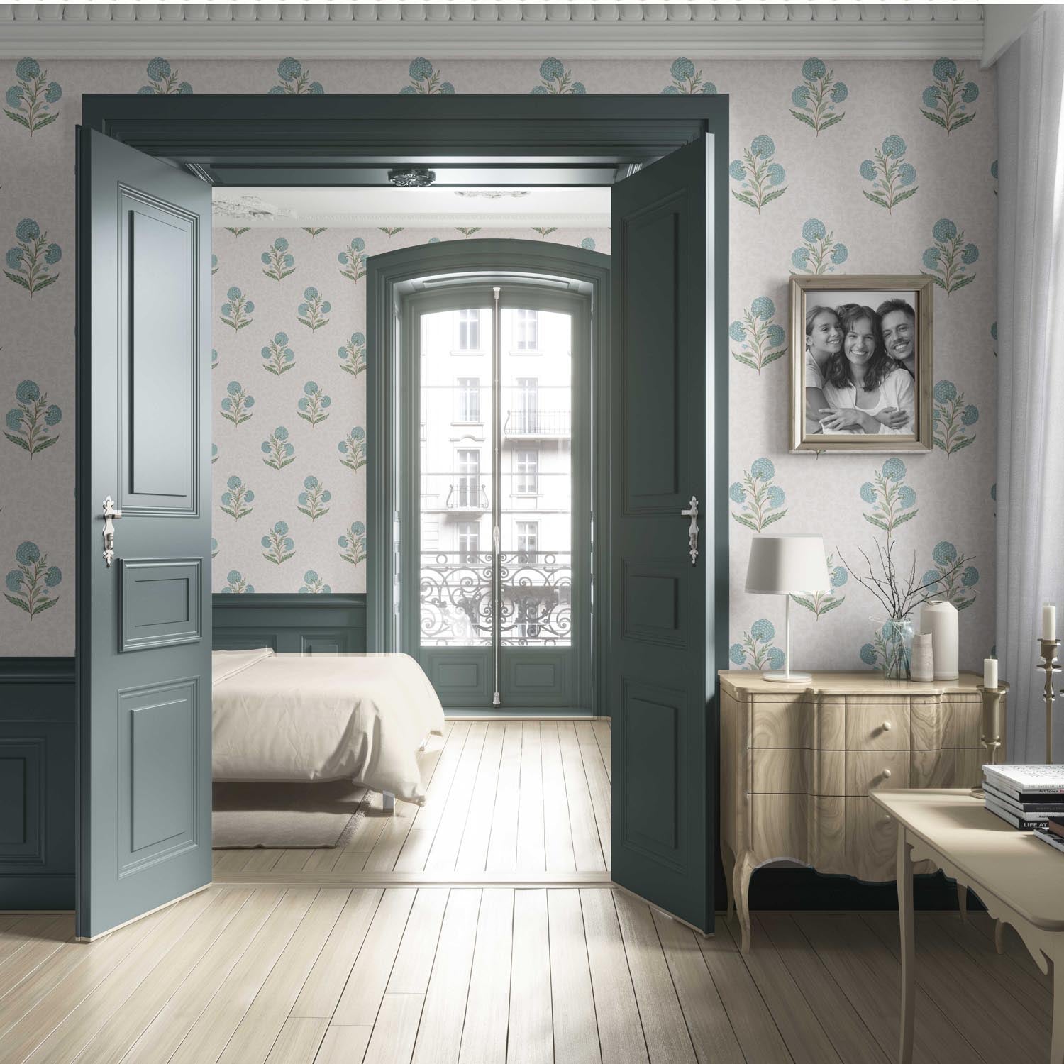Floral Block Print Living Room Wallpaper (Duck Egg Blue/ Green/ Soft Taupe)