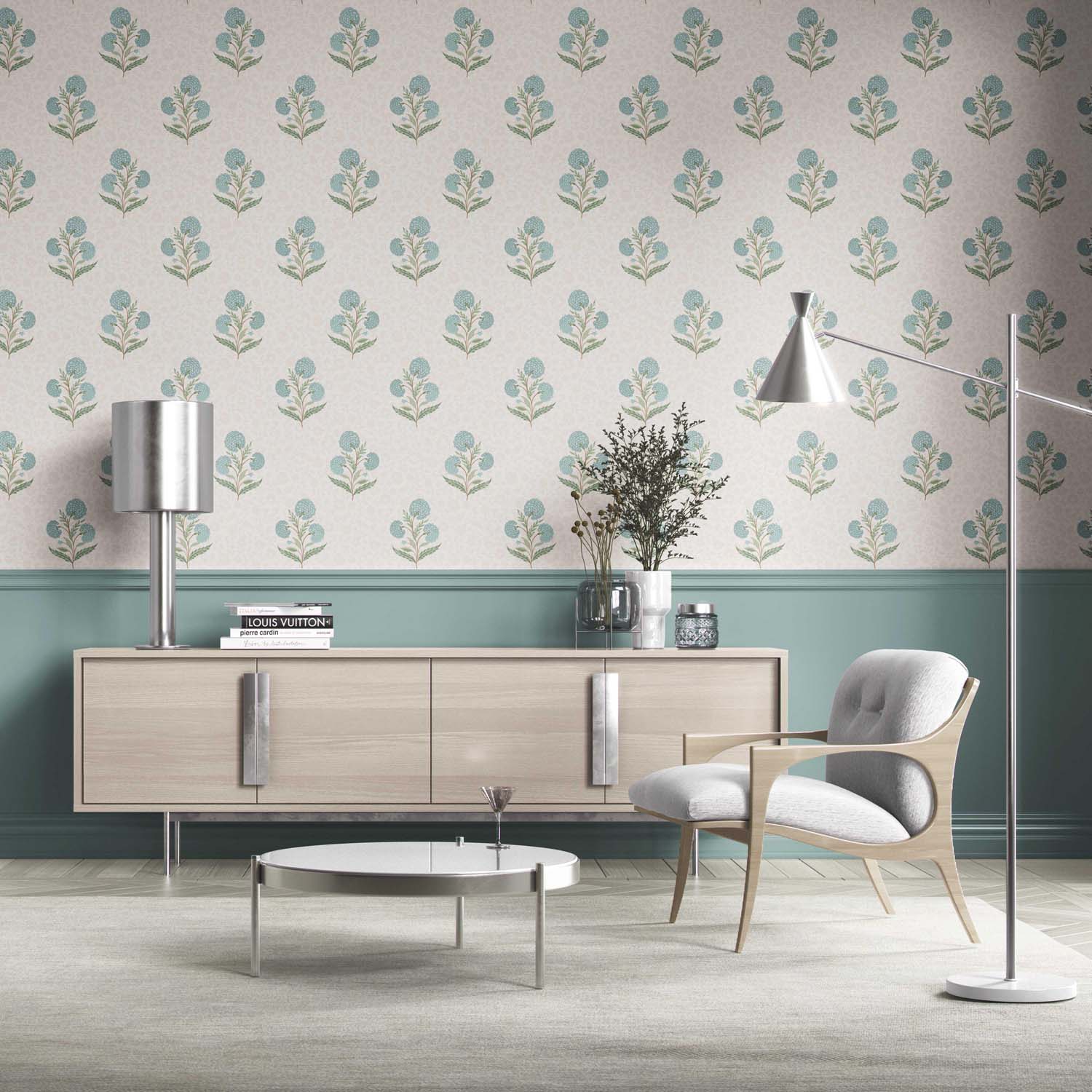 Floral Block Print Kitchen Wallpaper Sample (Duck Egg Blue/ Green/ Soft Taupe)