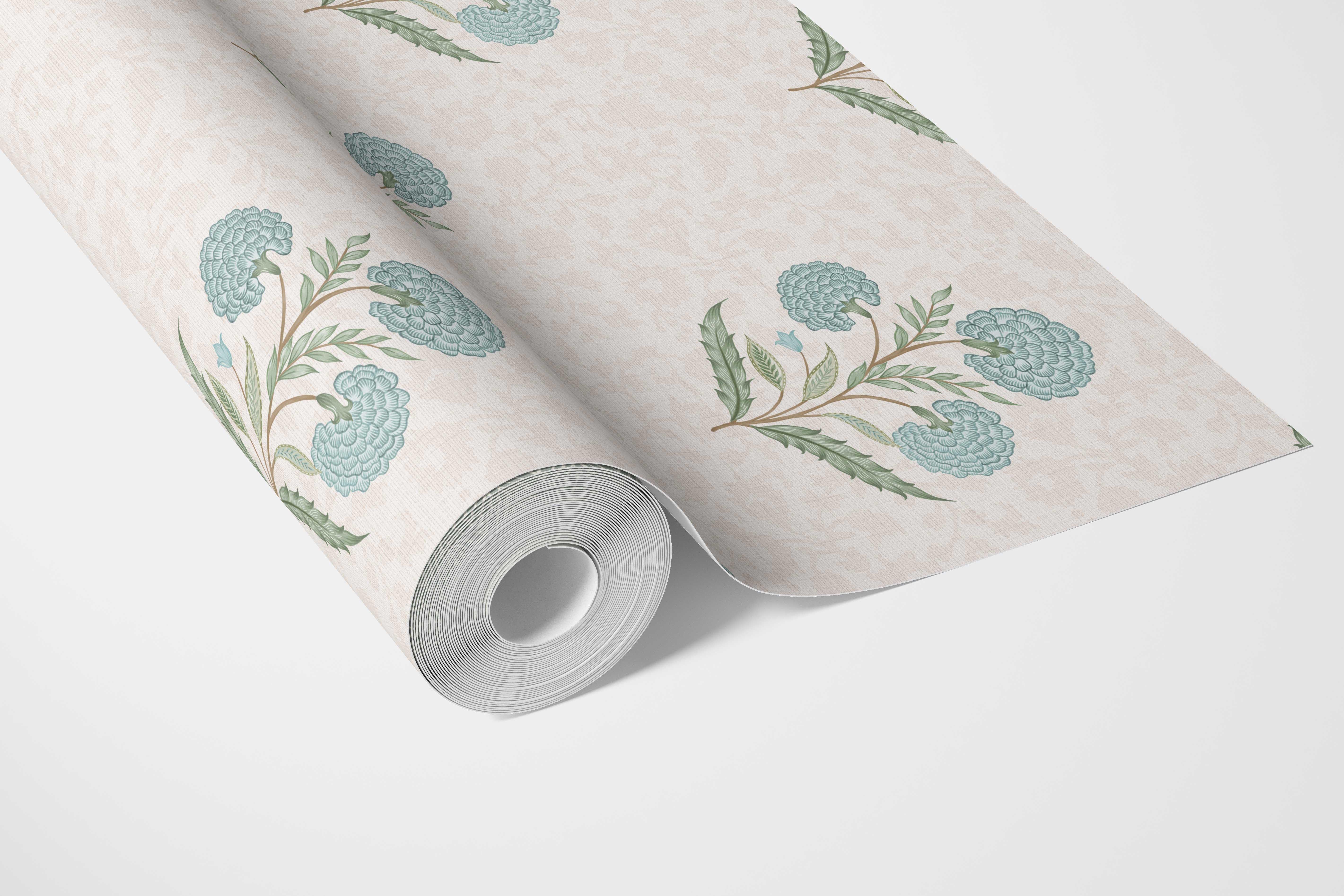 Floral Block Print Bathroom Wallpaper Sample (Duck Egg Blue/ Green/ Soft Taupe)