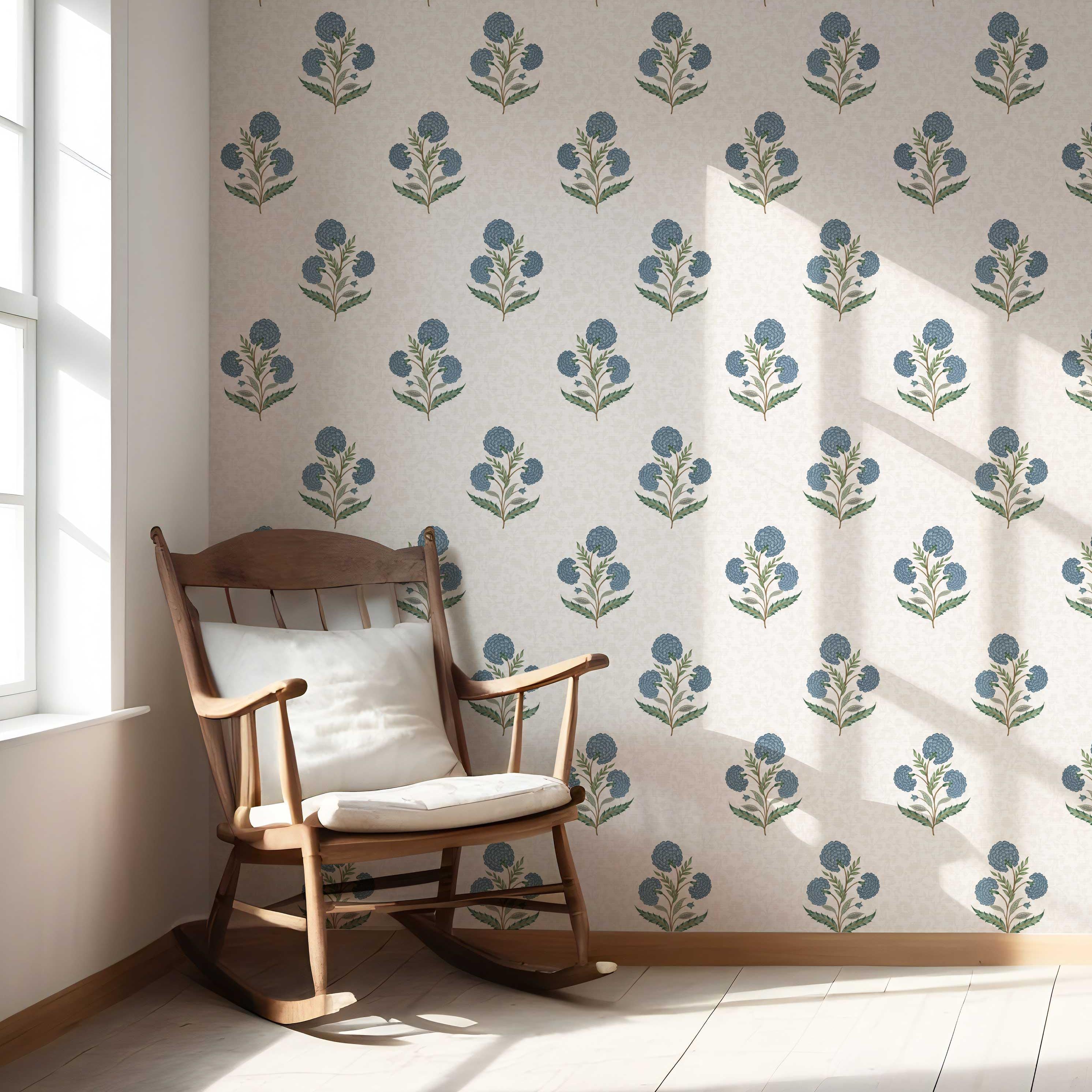 Floral Block Print Nursery Wallpaper (Blue/ Green/ Soft Taupe)