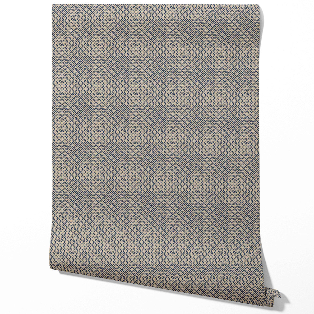 Small Floral Lattice/ Geometric Micro-Print Traditional Wallpaper (Navy Blue/ Beige)