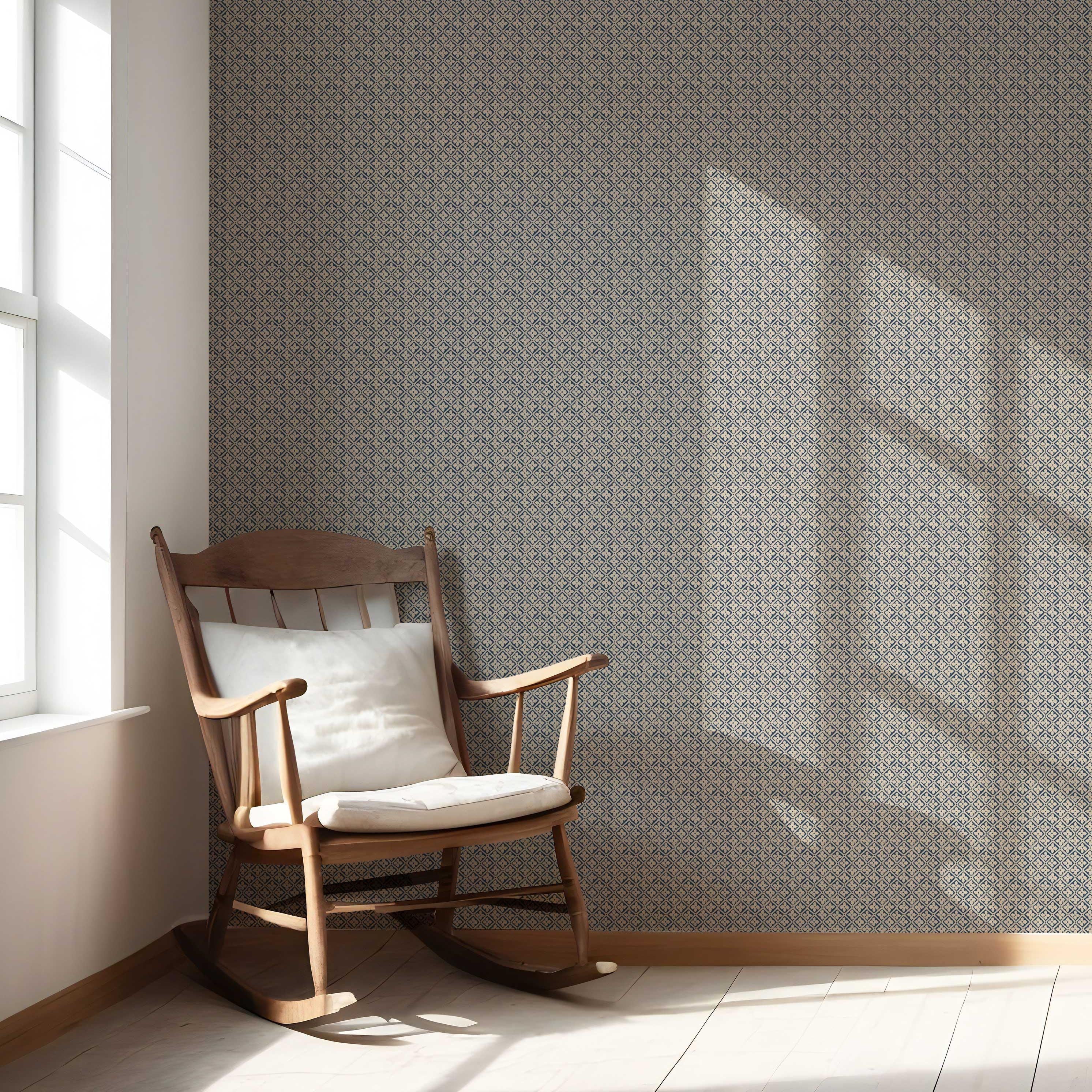 Small Floral Lattice/ Geometric Micro-Print Bathroom Wallpaper (Navy Blue/ Beige)