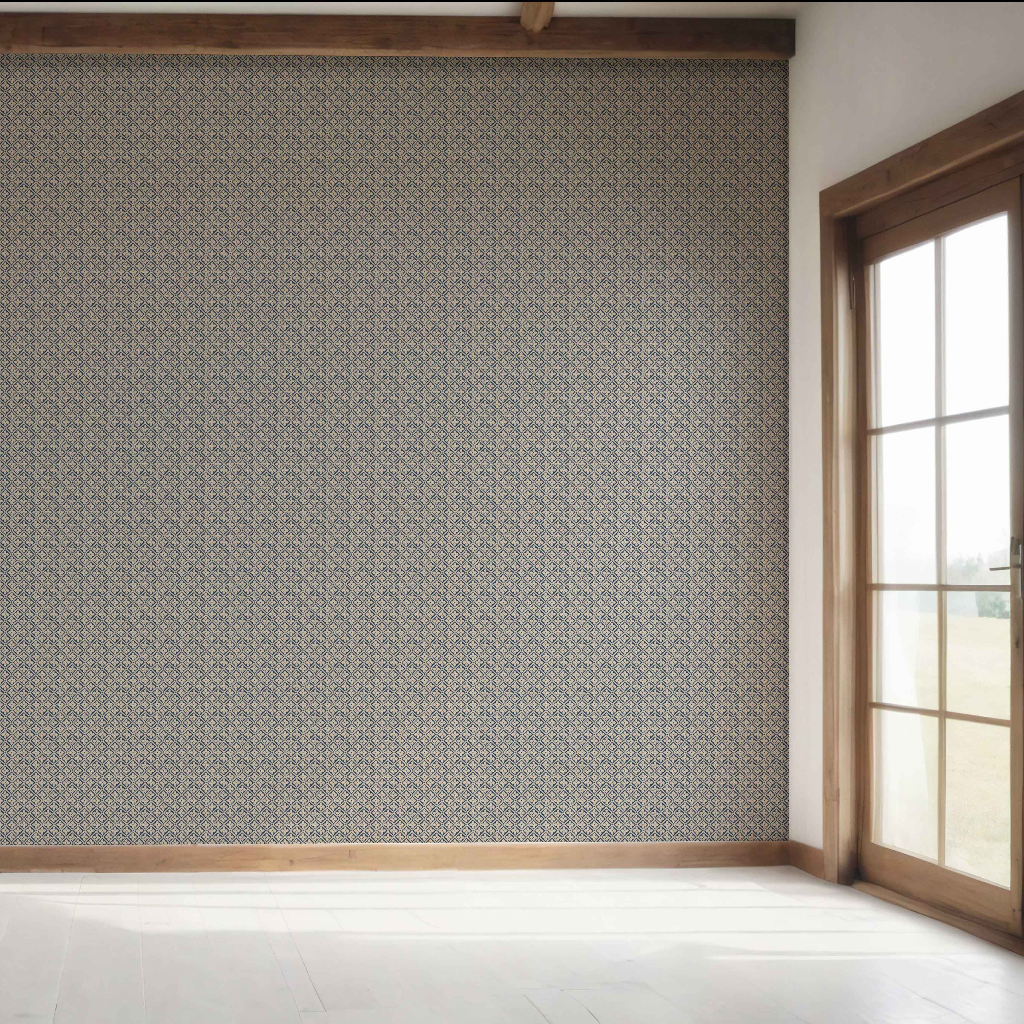 Small Floral Lattice/ Geometric Micro-Print Bedroom Wallpaper (Navy Blue/ Beige)