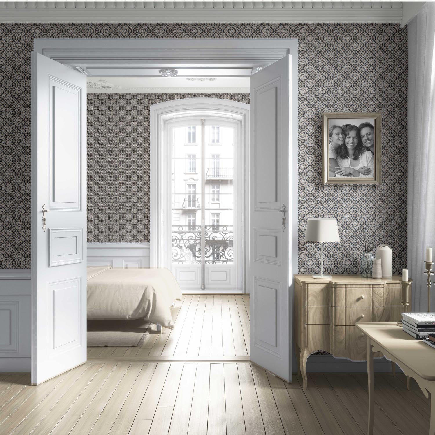 Small Floral Lattice/ Geometric Micro-Print Nursery Wallpaper Sample (Navy Blue/ Beige)