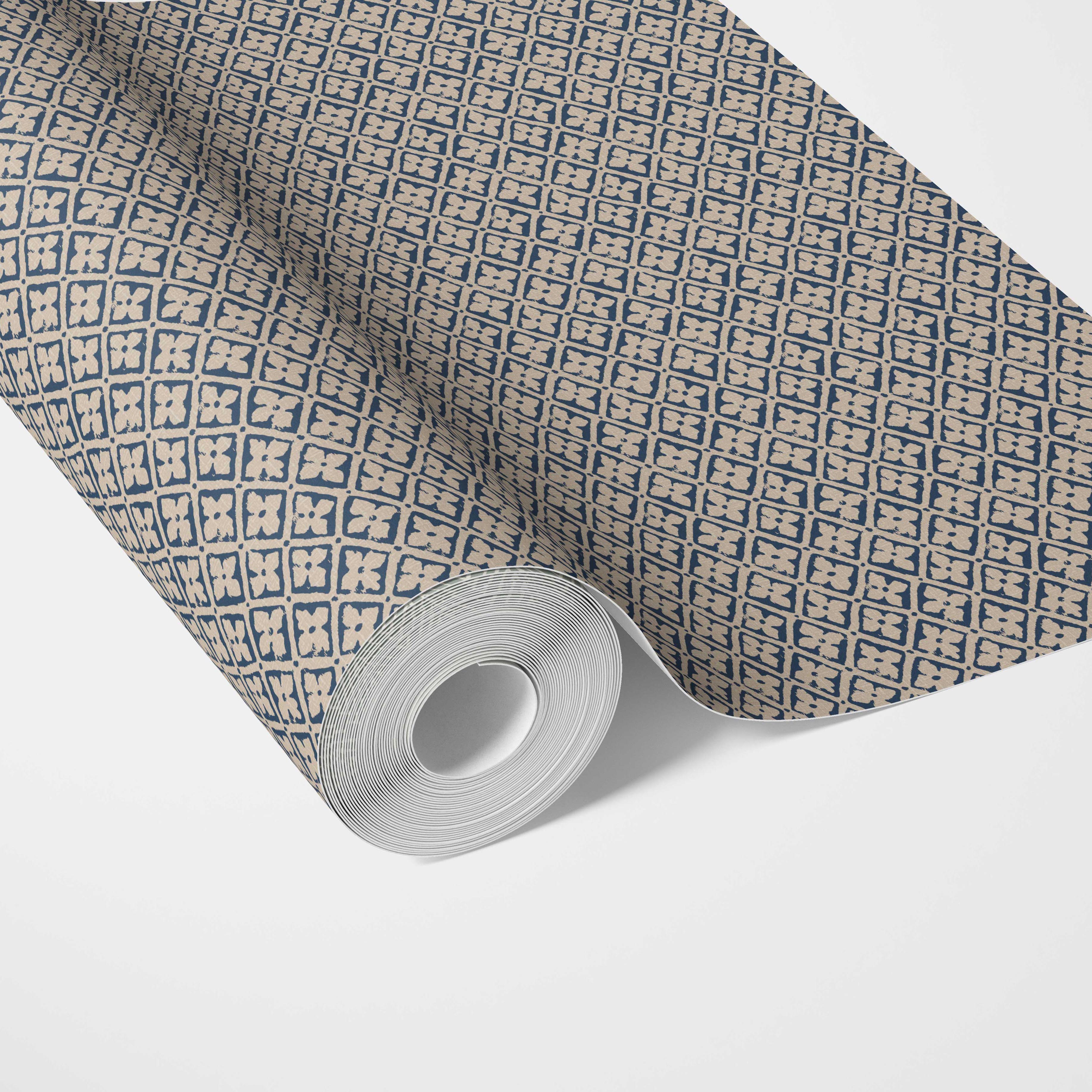 Small Floral Lattice/ Geometric Micro-Print Kitchen Wallpaper (Navy Blue/ Beige)