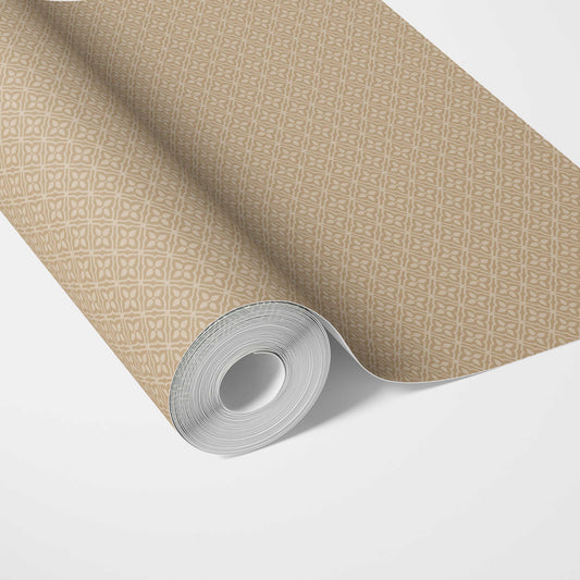 Neutral Small Floral Lattice/ Geometric Micro-Print Traditional Wallpaper Sample (Wheat Beige/ Tan Brown)