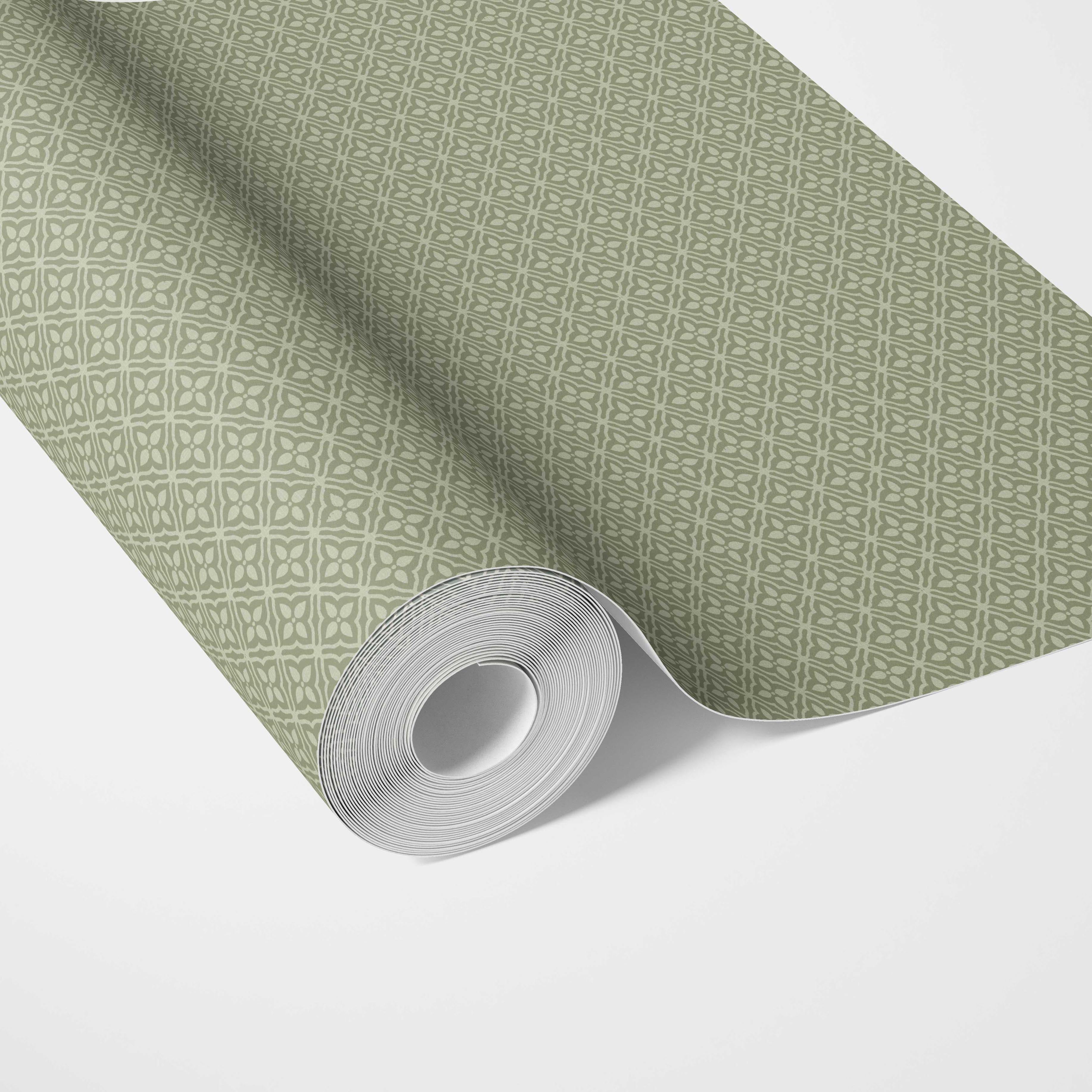 Small Floral Lattice/ Geometric Textured Traditional Wallpaper Sample (Green)