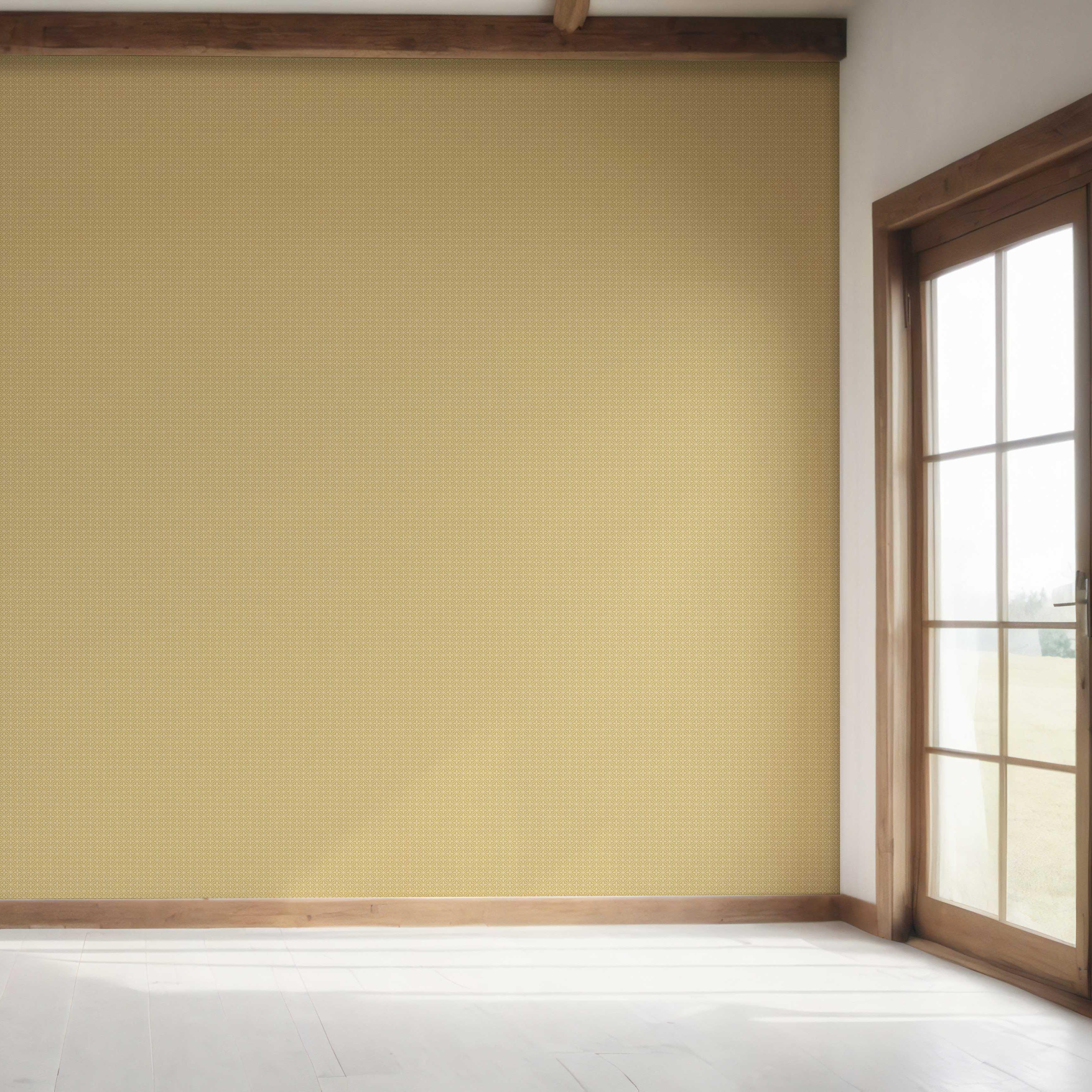 Small Floral Lattice/ Geometric Textured Bedroom Wallpaper Sample (Yellow)