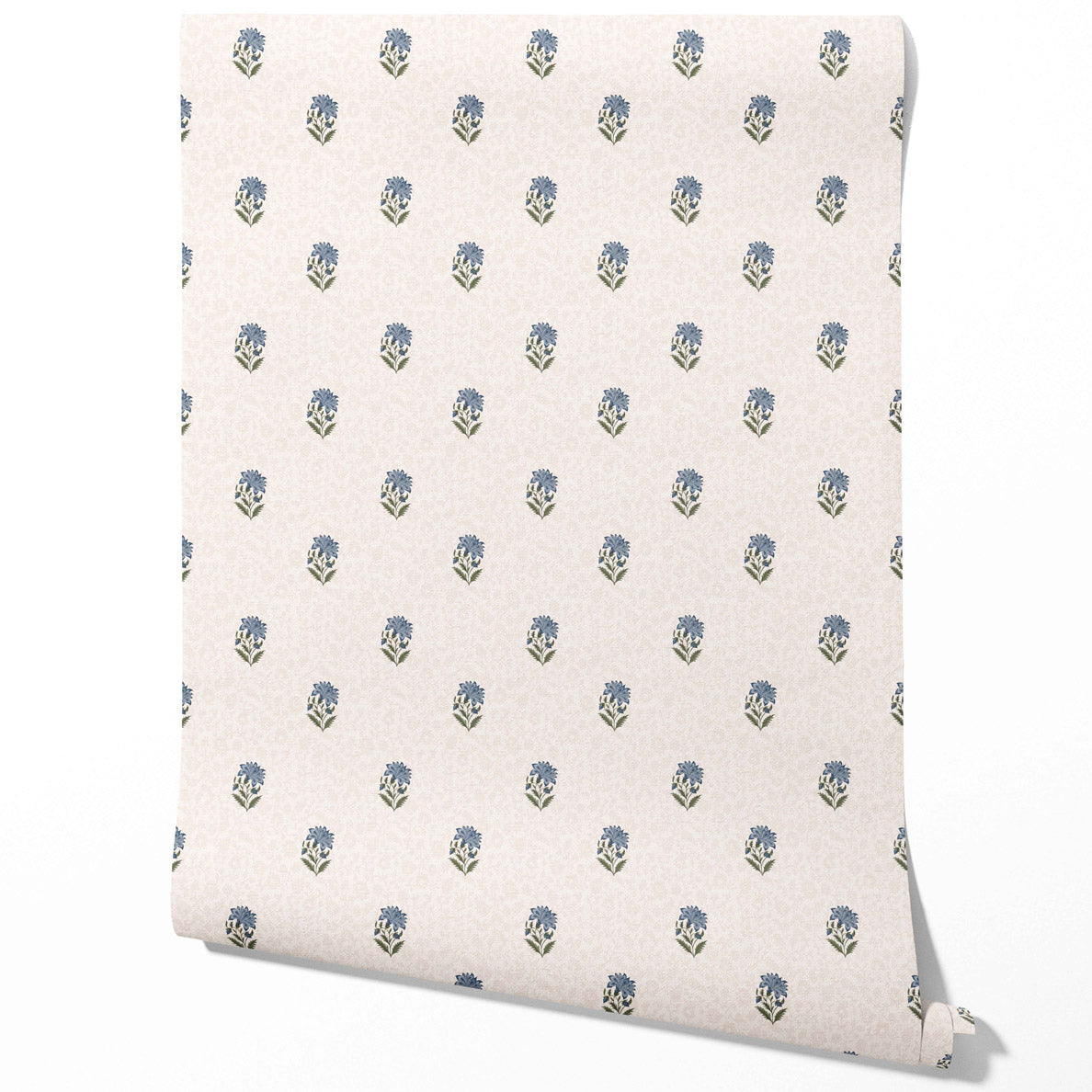 Botanical/ Floral Block Print Traditional Wallpaper Sample (Blue/ Green/ Soft Taupe)