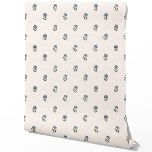 Botanical/ Floral Block Print Traditional Wallpaper Sample (Blue/ Green/ Soft Taupe)