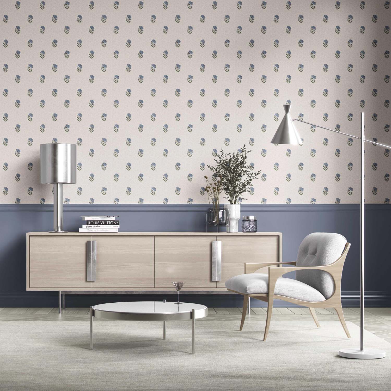 Botanical/ Floral Block Print Bathroom Wallpaper (Blue/ Green/ Soft Taupe)