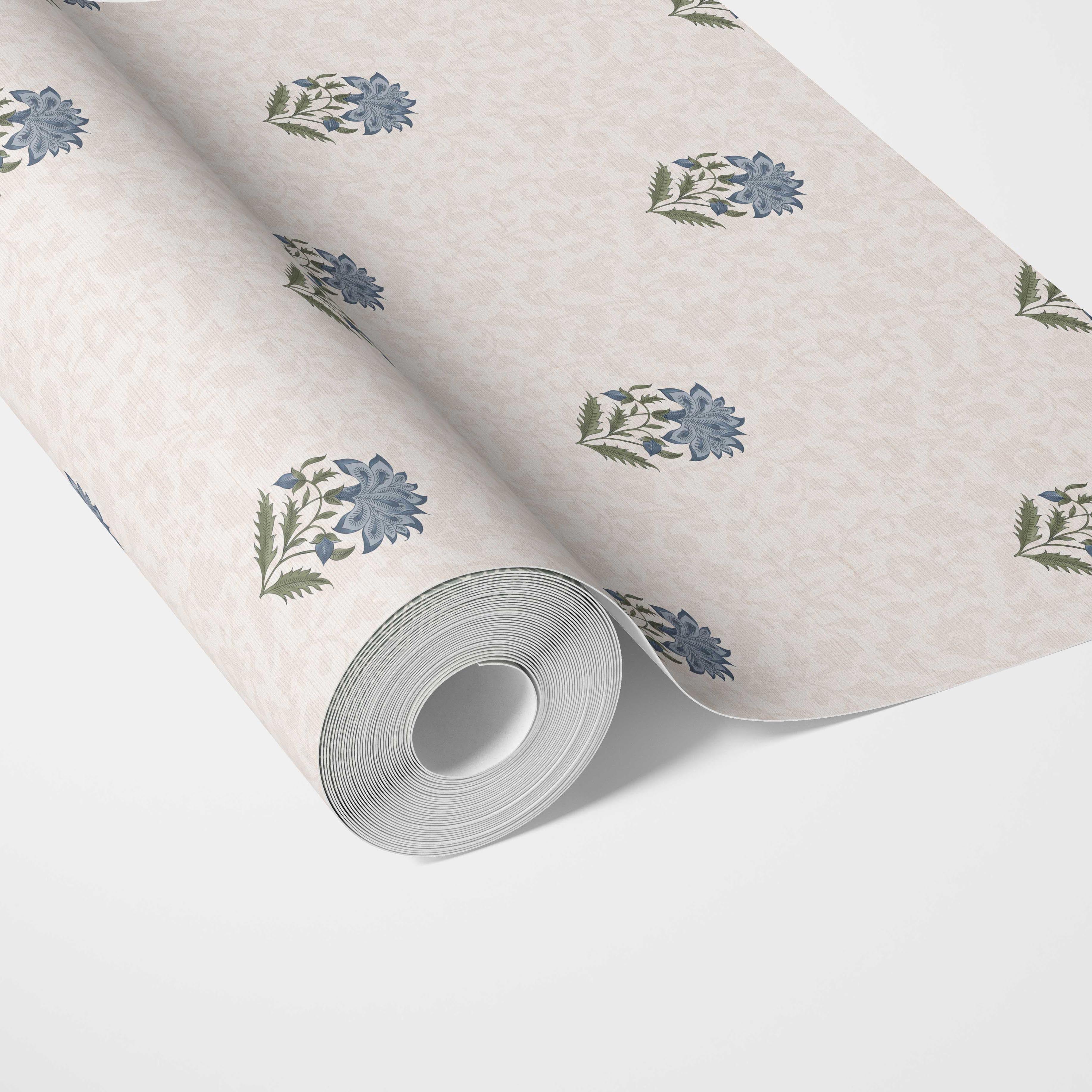 Botanical/ Floral Block Print Kitchen Wallpaper (Blue/ Green/ Soft Taupe)