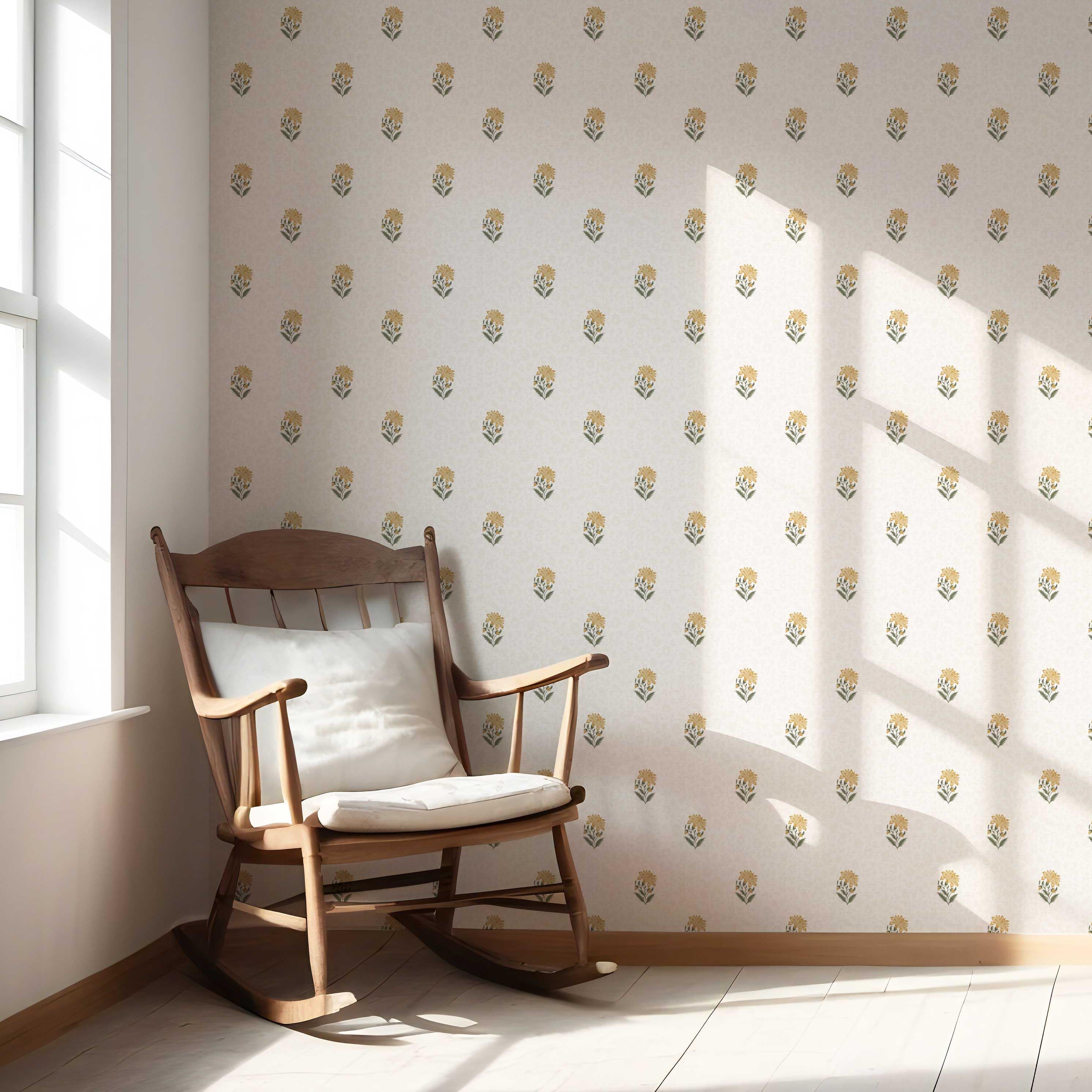Botanical/ Floral Block Print Nursery Wallpaper Sample (Yellow/ Green/ Soft Taupe)