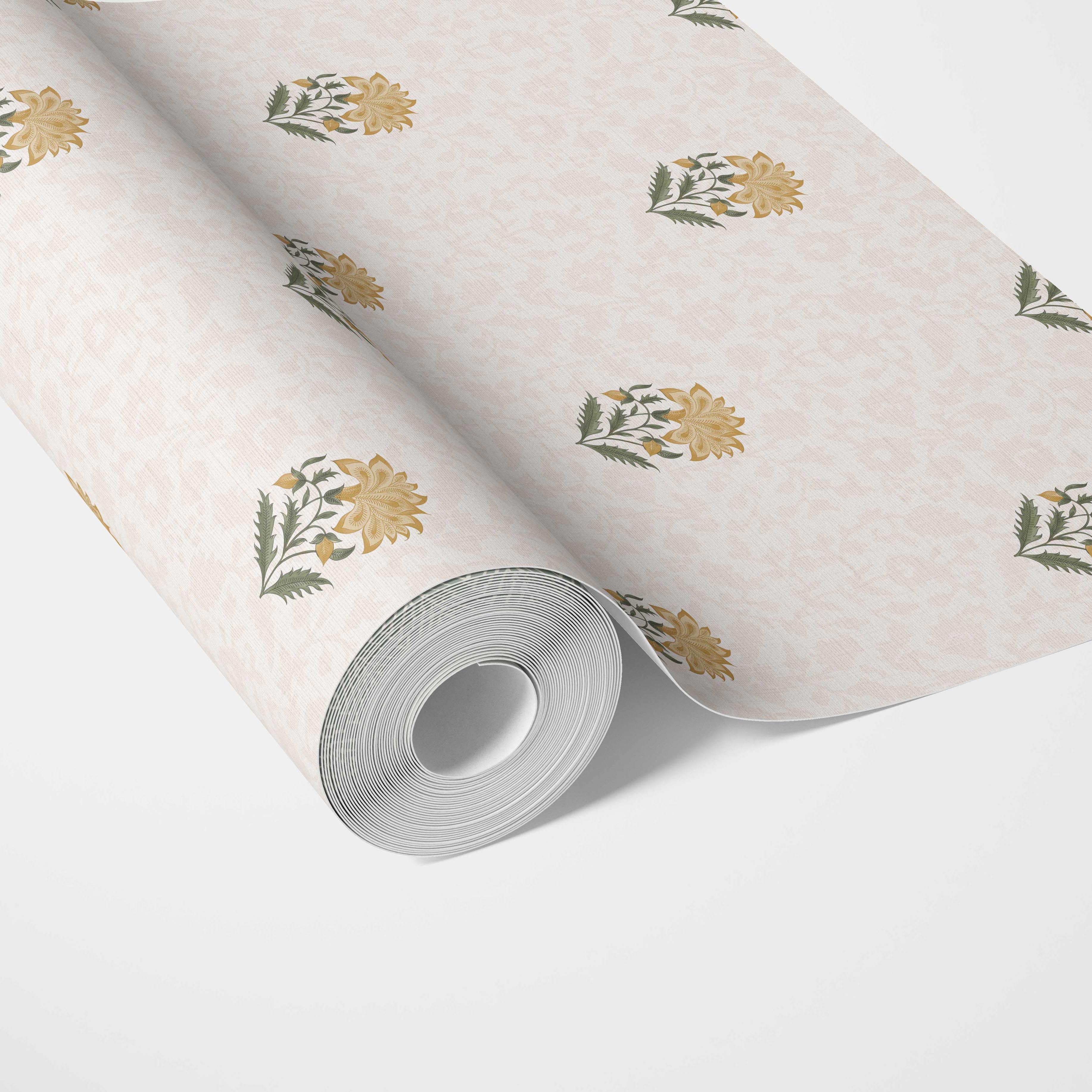 Botanical/ Floral Block Print Kitchen Wallpaper (Yellow/ Green/ Soft Taupe)