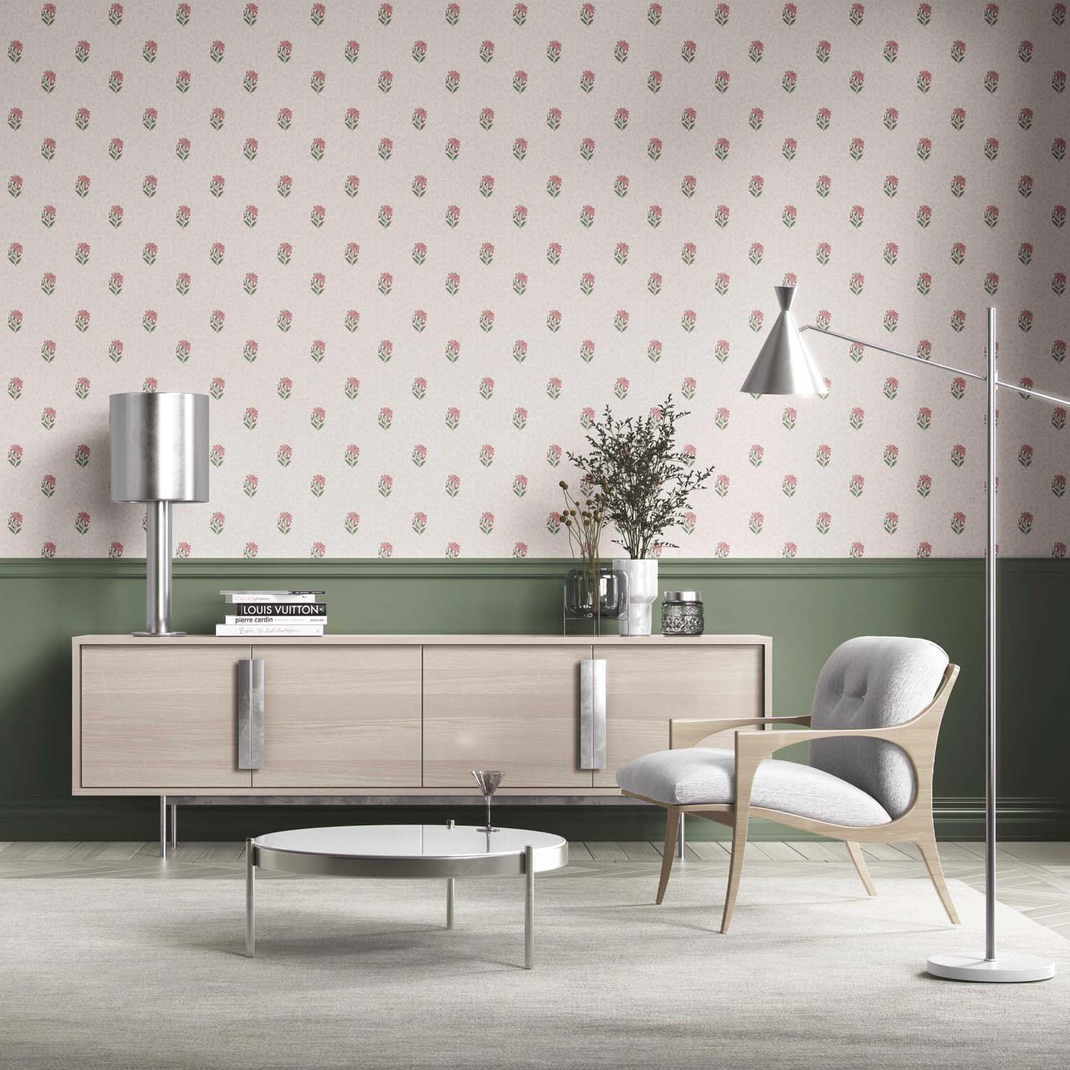 Botanical/ Floral Block Print Bathroom Wallpaper (Pink/ Green/ Soft Taupe)