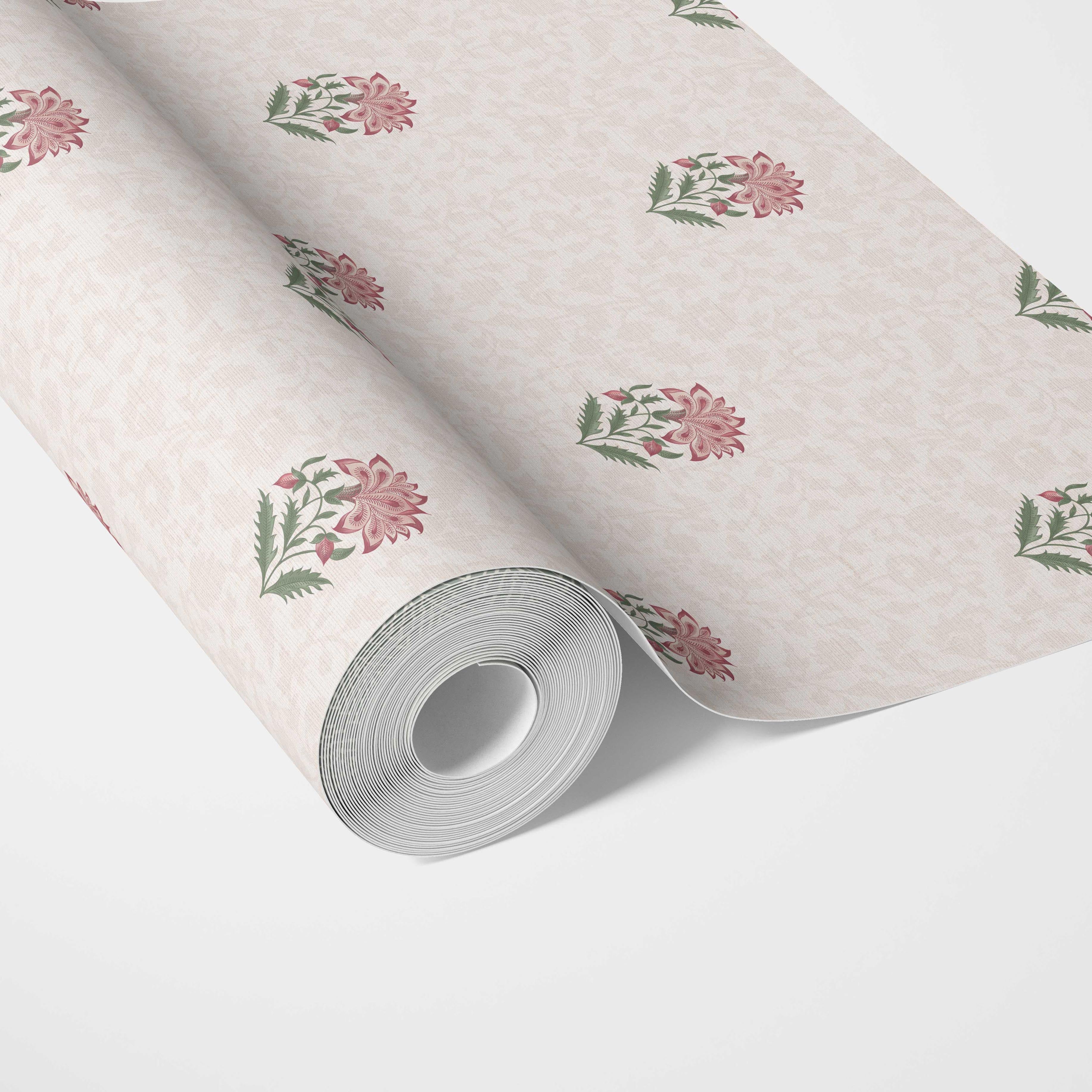 Botanical/ Floral Block Print Kitchen Wallpaper (Pink/ Green/ Soft Taupe)