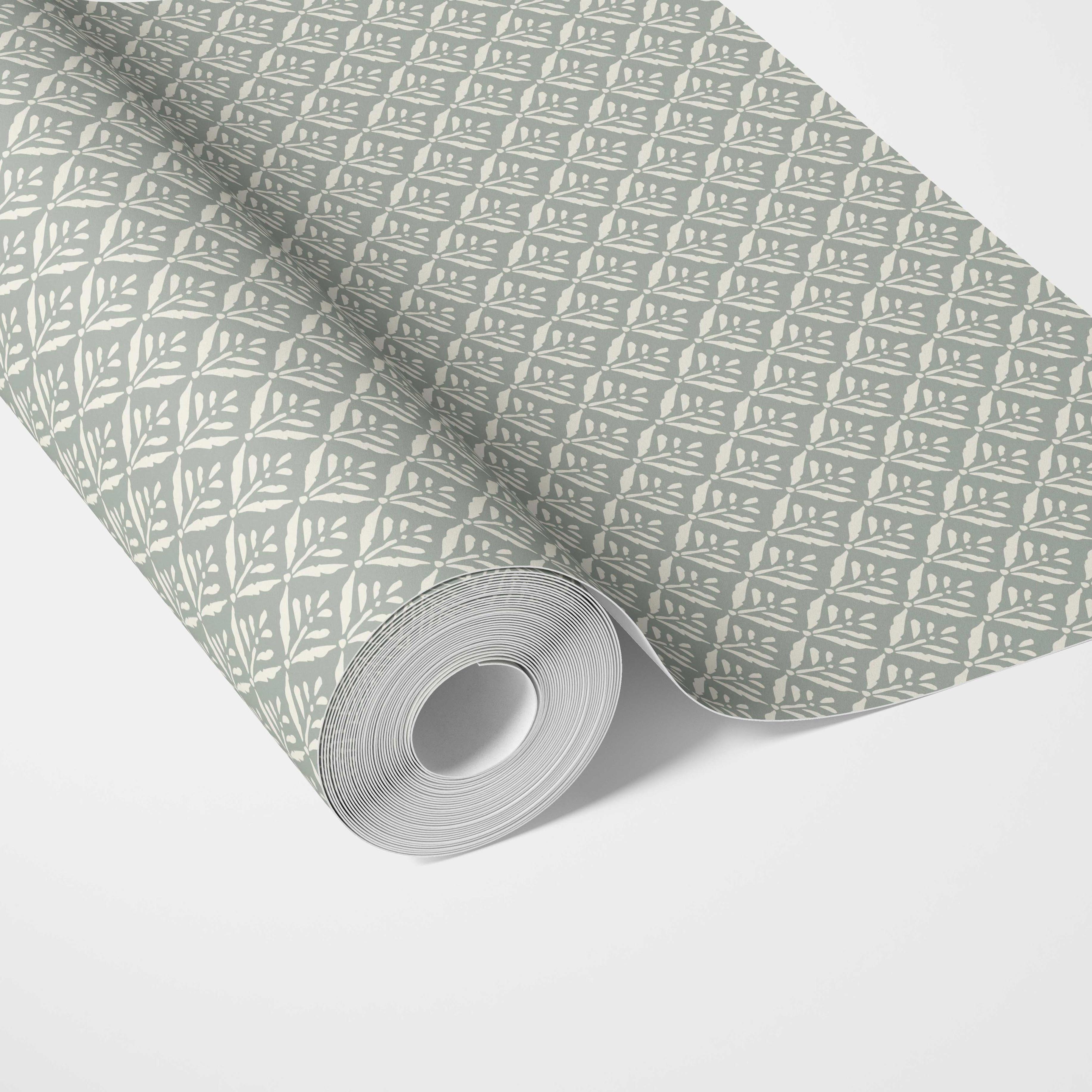 Small Floral Lattice/ Leaf Textured Traditional Wallpaper (Green-Gray)