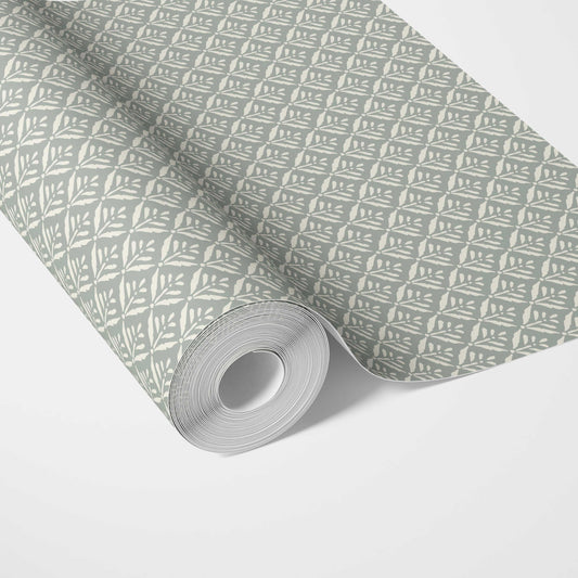 Small Floral Lattice/ Leaf Textured Traditional Wallpaper Sample (Green-Gray)