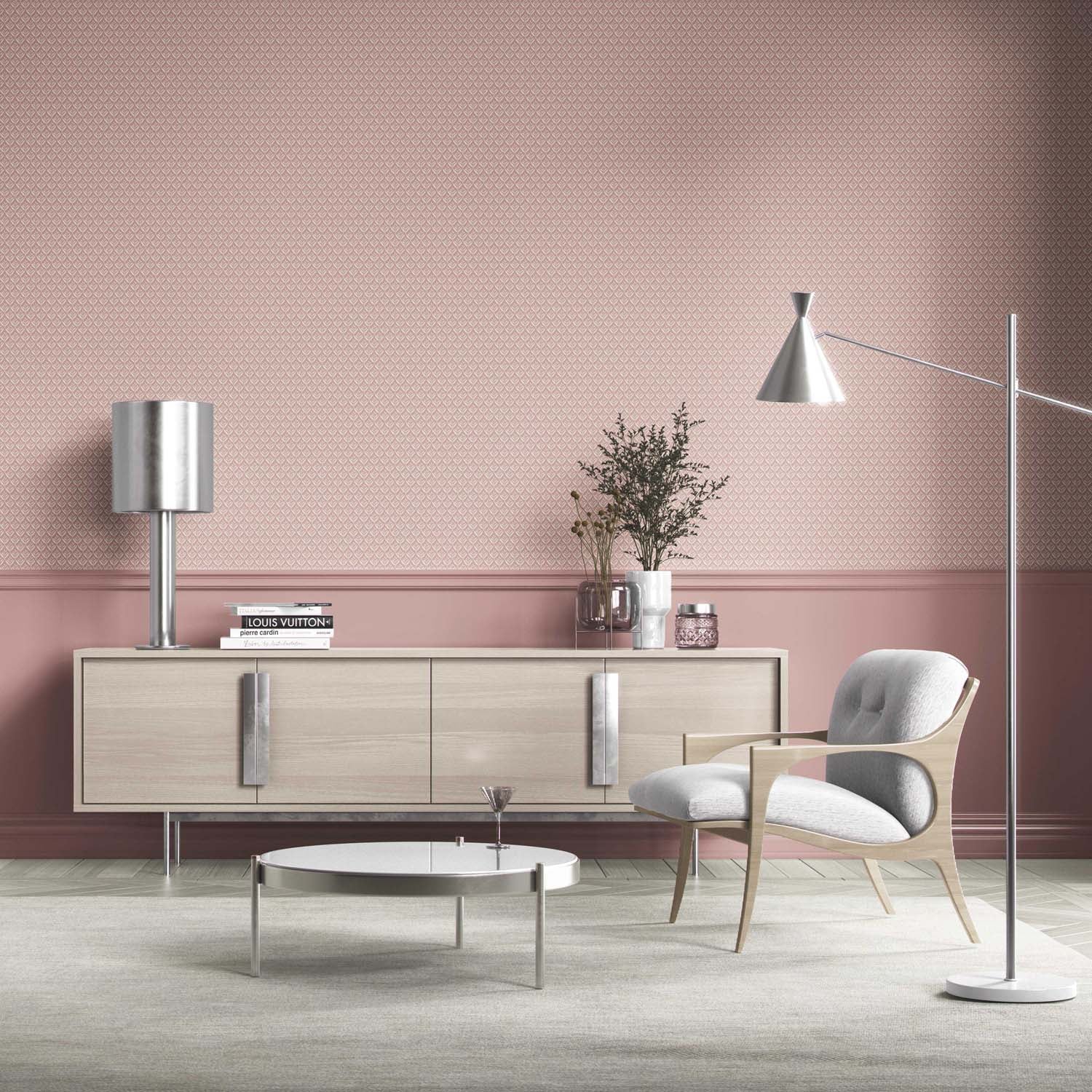 Small Floral Lattice/ Leaf Textured Bathroom Wallpaper Sample (Dusty Pink/ Off-White)