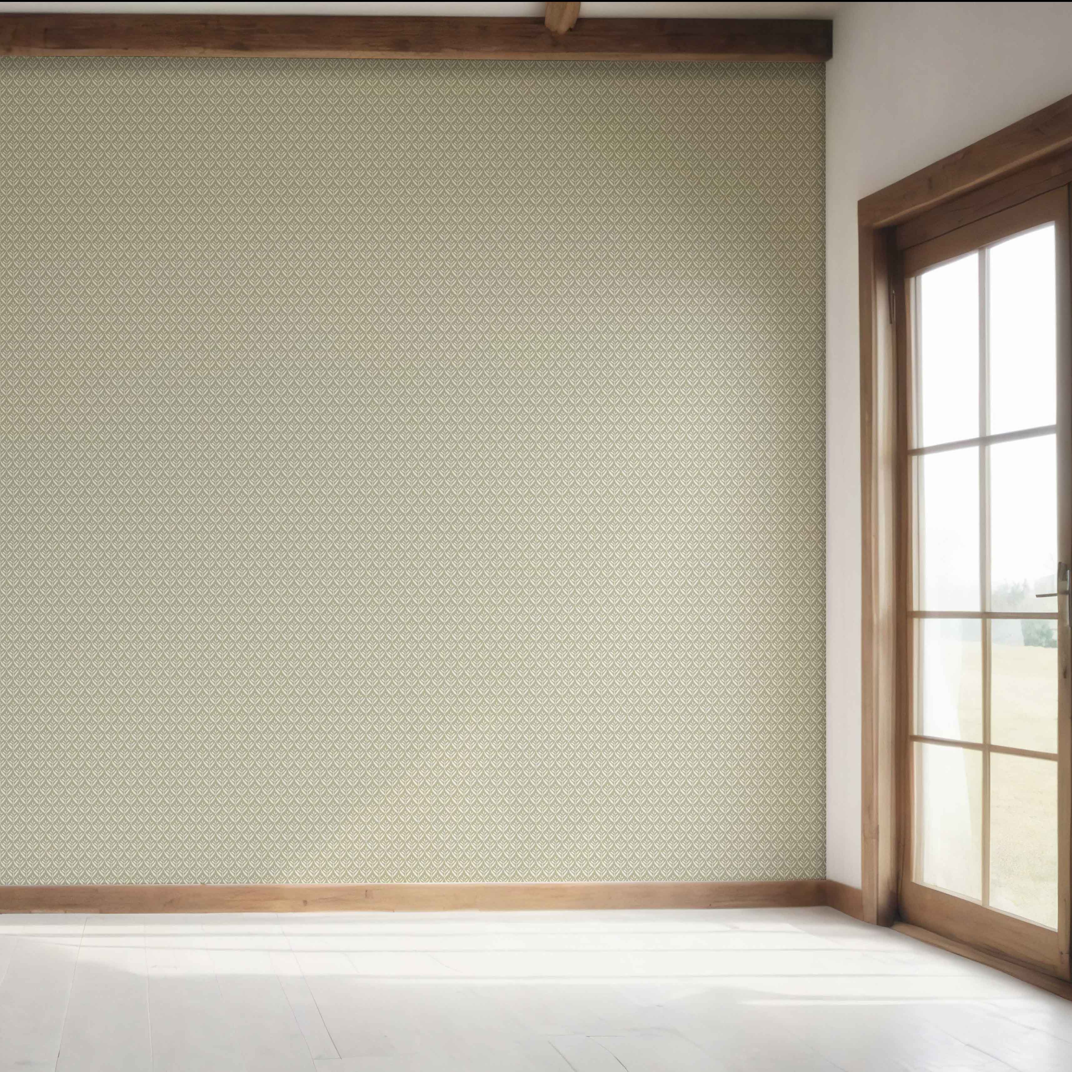 Small Floral Lattice/ Leaf Textured Bedroom Wallpaper (Olive Green/ Off-White)