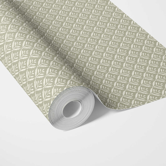 Small Floral Lattice/ Leaf Textured Traditional Wallpaper (Olive Green/ Off-White)