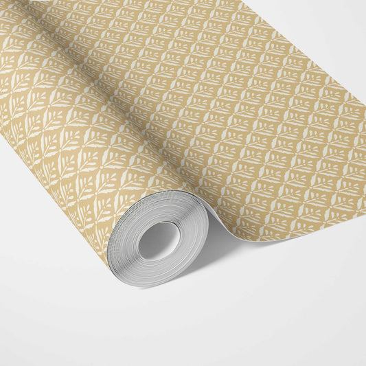 Small Floral Lattice/ Leaf Textured Traditional Wallpaper (Yellow/ Off-White)