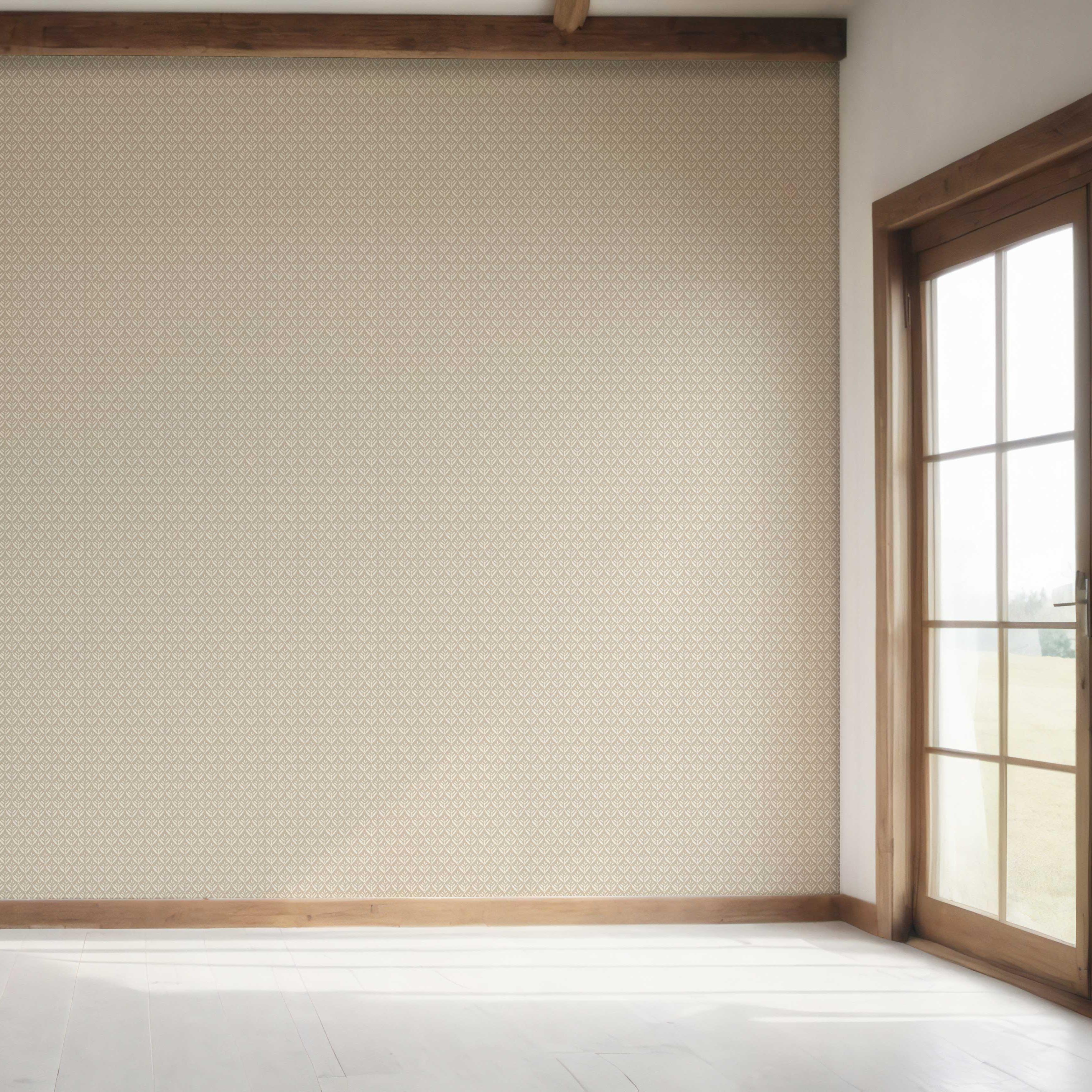 Neutral Small Floral Lattice/ Leaf Textured Bedroom Wallpaper Sample (Beige/ Light Brown/ Off-White)