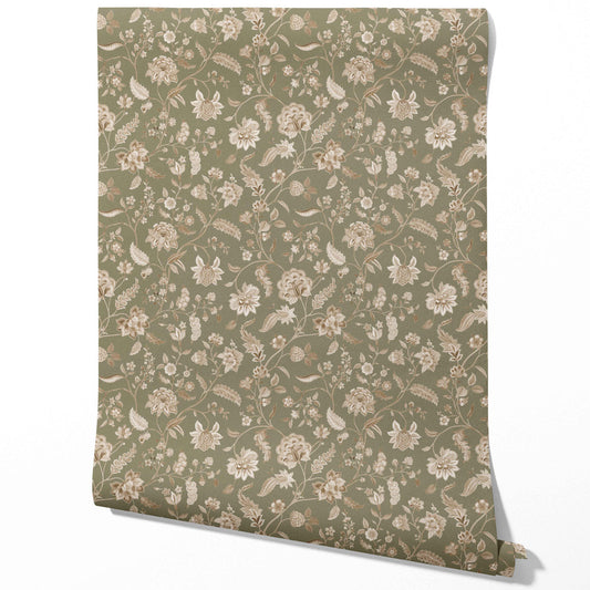 Floral/ Botanical Patterned Traditional Wallpaper Sample (Olive Green/ Beige)